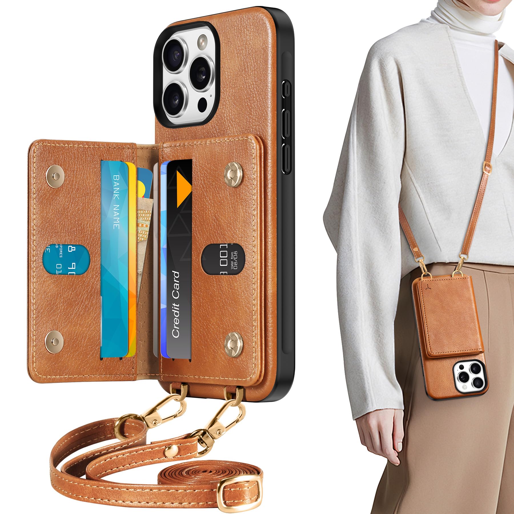 TUCCH Crossbody Wallet Case for iPhone 16 Pro (6.3"), RFID Blocking [6 Card Slots][Detachable Adjustable Lanyard], Magnetic Flip Wallet PU Leather Shockproof Phone Cover for iPhone 16 Pro, Black