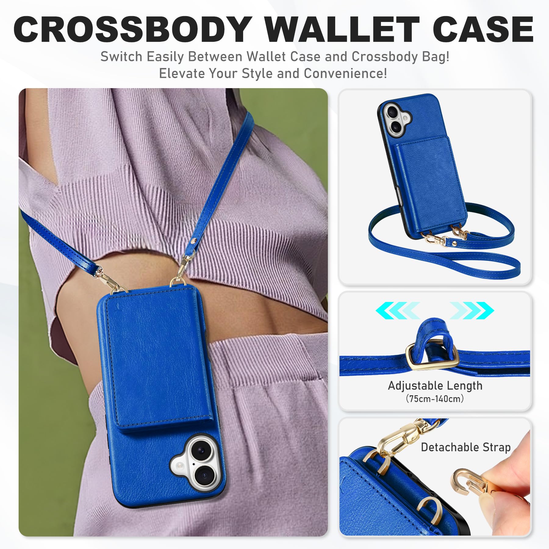 TUCCH Crossbody Wallet Case for iPhone 16 Pro (6.3"), RFID Blocking [6 Card Slots][Detachable Adjustable Lanyard], Magnetic Flip Wallet PU Leather Shockproof Phone Cover for iPhone 16 Pro, Black