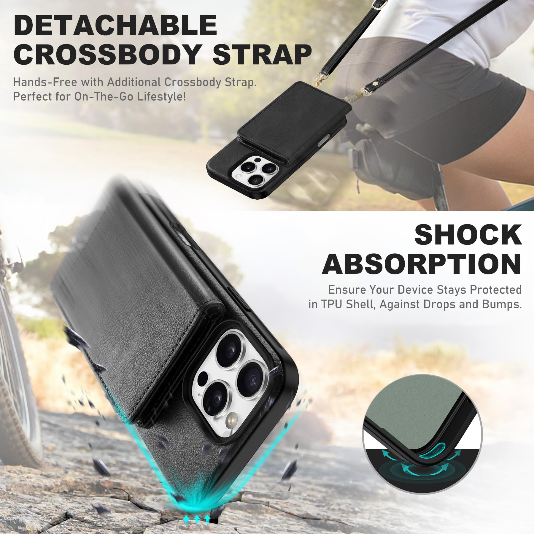 TUCCH Crossbody Wallet Case for iPhone 16 Pro (6.3"), RFID Blocking [6 Card Slots][Detachable Adjustable Lanyard], Magnetic Flip Wallet PU Leather Shockproof Phone Cover for iPhone 16 Pro, Black