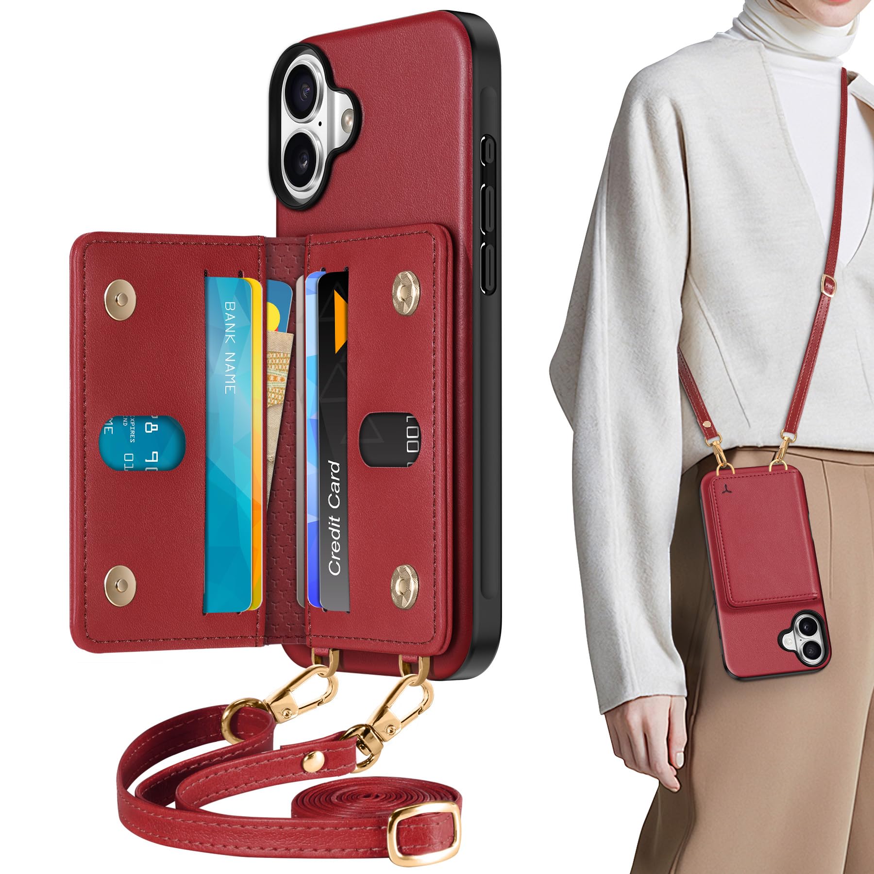 TUCCH Crossbody Wallet Case for iPhone 16 Pro (6.3"), RFID Blocking [6 Card Slots][Detachable Adjustable Lanyard], Magnetic Flip Wallet PU Leather Shockproof Phone Cover for iPhone 16 Pro, Black