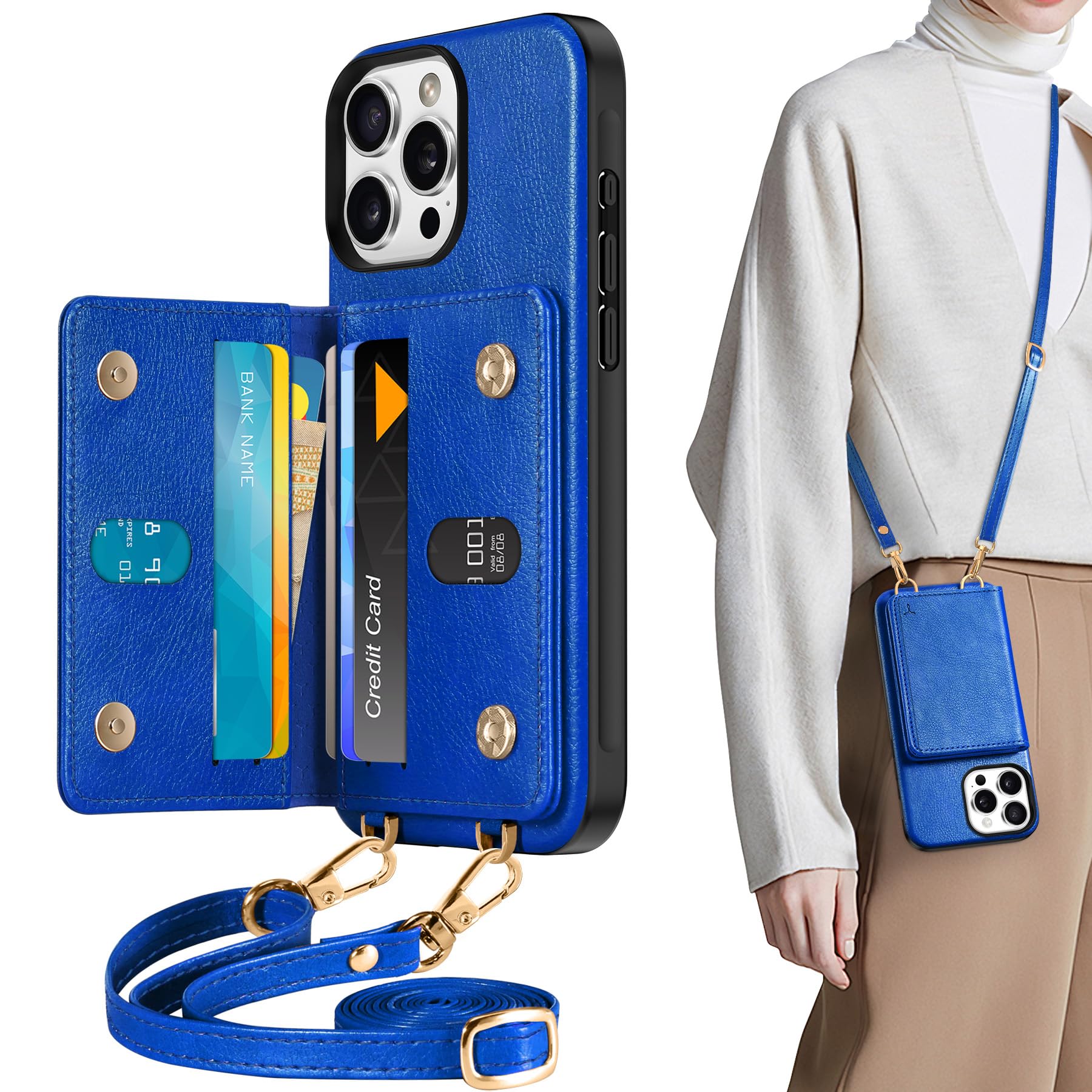 TUCCH Crossbody Wallet Case for iPhone 16 Pro (6.3"), RFID Blocking [6 Card Slots][Detachable Adjustable Lanyard], Magnetic Flip Wallet PU Leather Shockproof Phone Cover for iPhone 16 Pro, Black