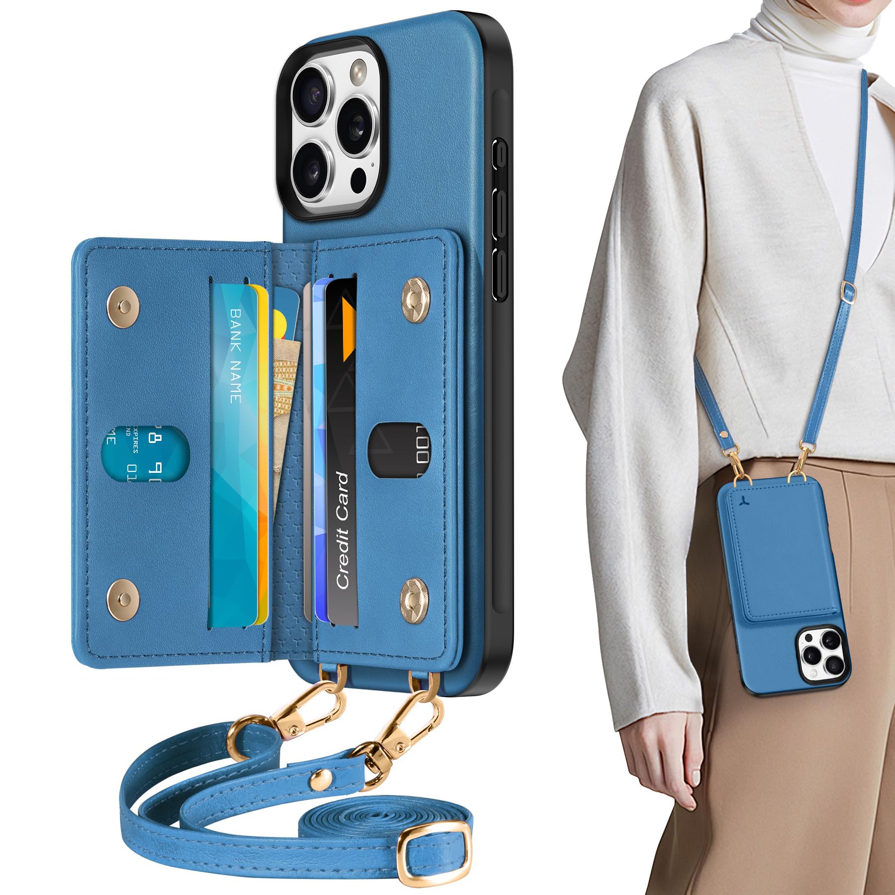 TUCCH Crossbody Wallet Case for iPhone 16 Pro (6.3"), RFID Blocking [6 Card Slots][Detachable Adjustable Lanyard], Magnetic Flip Wallet PU Leather Shockproof Phone Cover for iPhone 16 Pro, Black