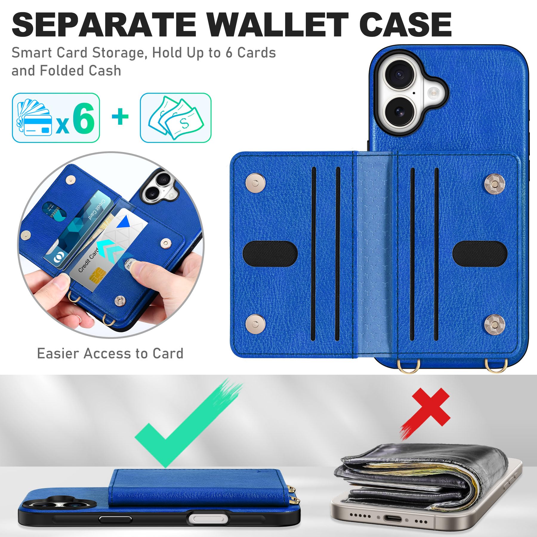 TUCCH Crossbody Wallet Case for iPhone 16 Pro (6.3"), RFID Blocking [6 Card Slots][Detachable Adjustable Lanyard], Magnetic Flip Wallet PU Leather Shockproof Phone Cover for iPhone 16 Pro, Black