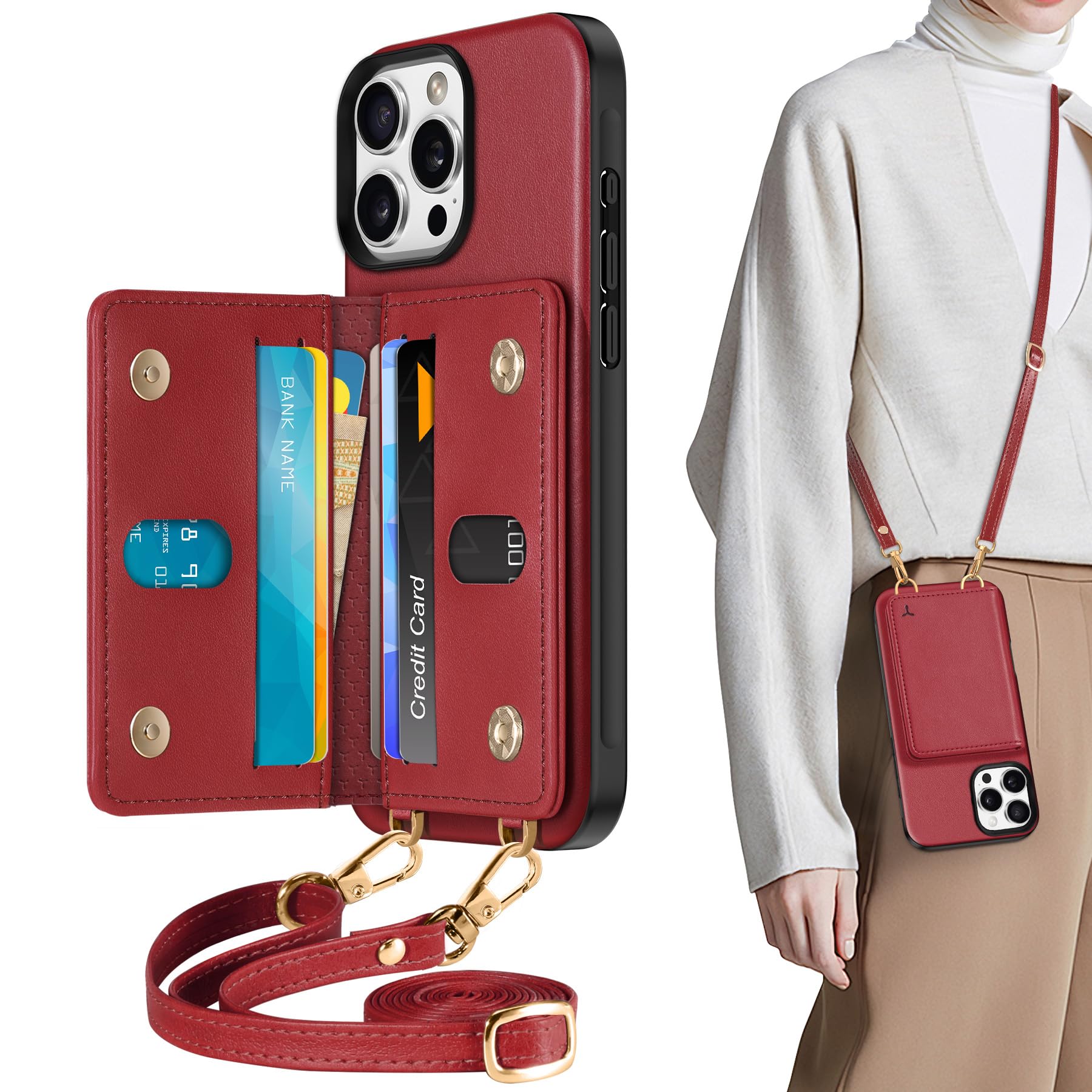 TUCCH Crossbody Wallet Case for iPhone 16 Pro (6.3"), RFID Blocking [6 Card Slots][Detachable Adjustable Lanyard], Magnetic Flip Wallet PU Leather Shockproof Phone Cover for iPhone 16 Pro, Black