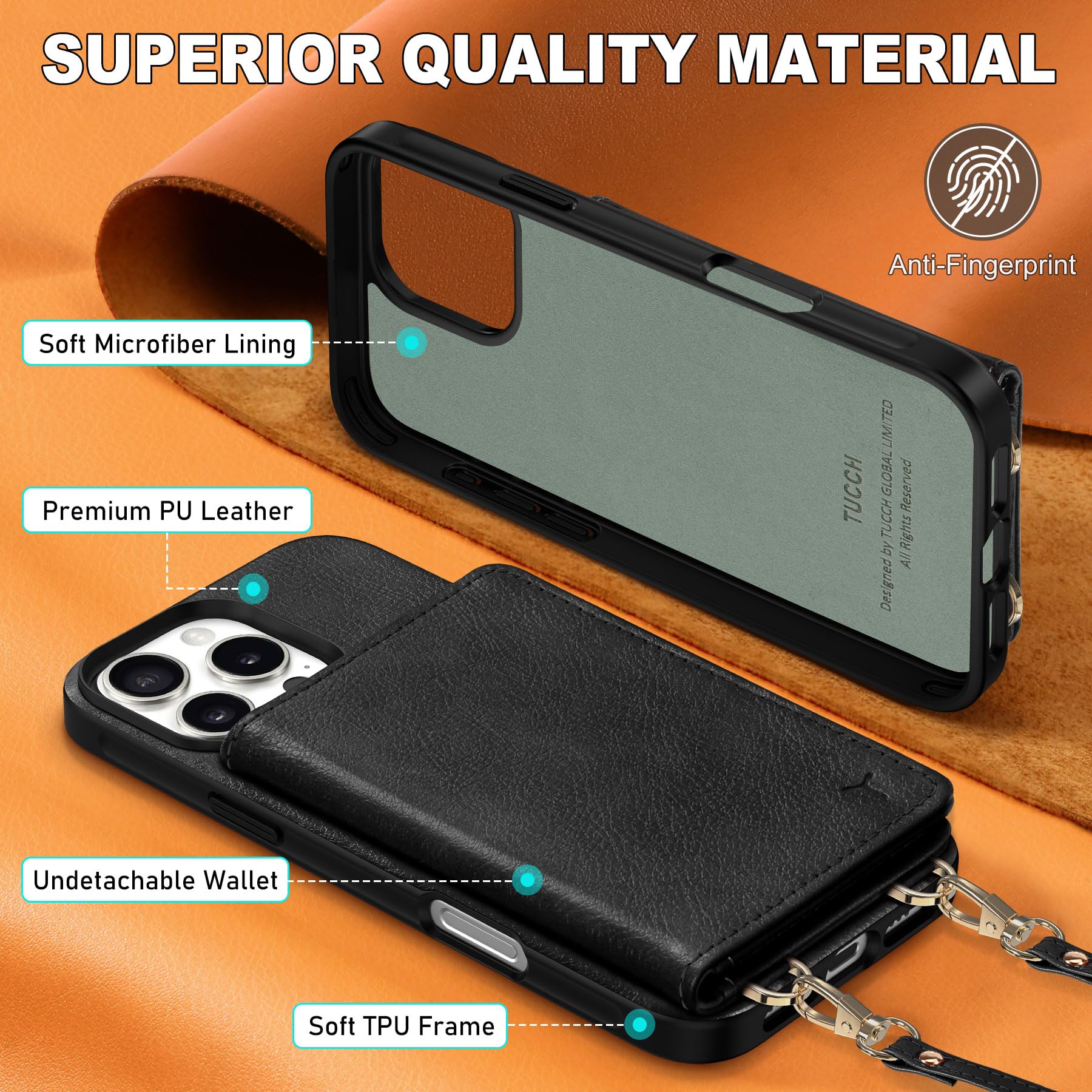 TUCCH Crossbody Wallet Case for iPhone 16 Pro (6.3"), RFID Blocking [6 Card Slots][Detachable Adjustable Lanyard], Magnetic Flip Wallet PU Leather Shockproof Phone Cover for iPhone 16 Pro, Black