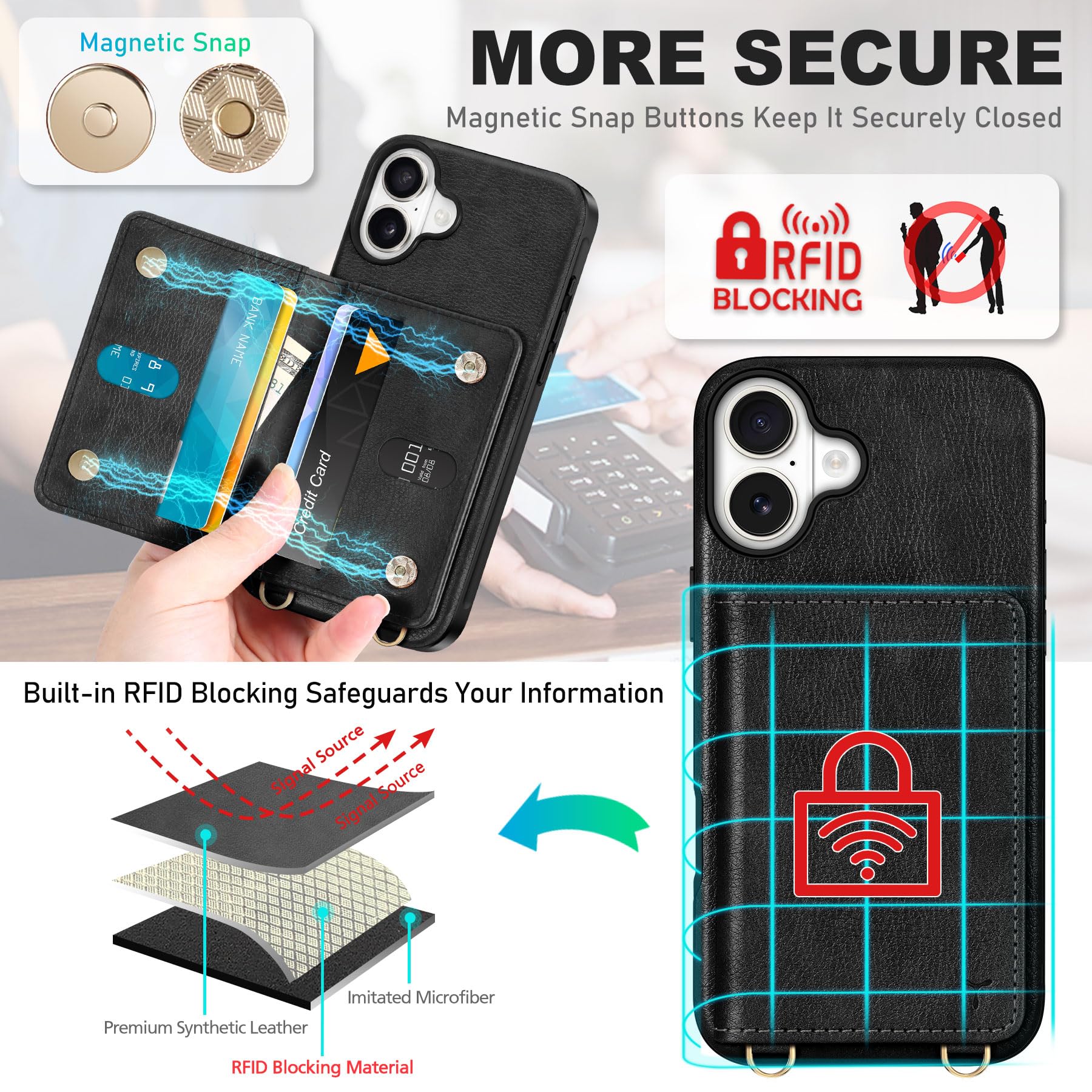 TUCCH Crossbody Wallet Case for iPhone 16 Pro (6.3"), RFID Blocking [6 Card Slots][Detachable Adjustable Lanyard], Magnetic Flip Wallet PU Leather Shockproof Phone Cover for iPhone 16 Pro, Black