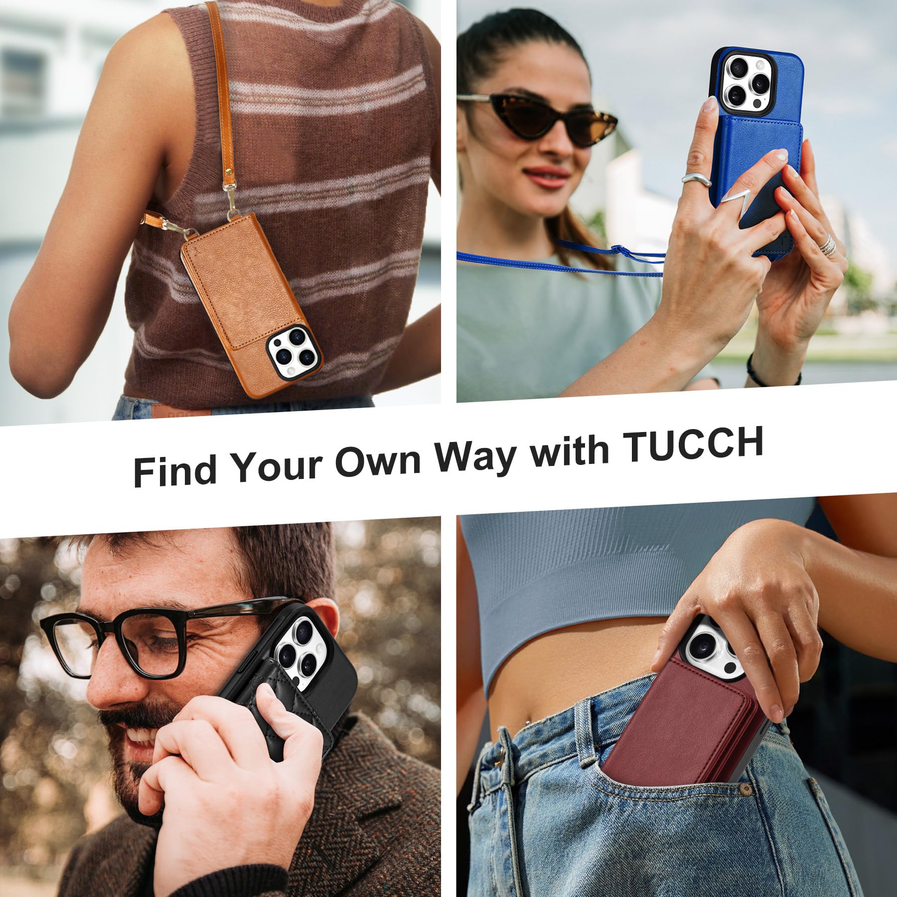 TUCCH Crossbody Wallet Case for iPhone 16 Pro (6.3"), RFID Blocking [6 Card Slots][Detachable Adjustable Lanyard], Magnetic Flip Wallet PU Leather Shockproof Phone Cover for iPhone 16 Pro, Black