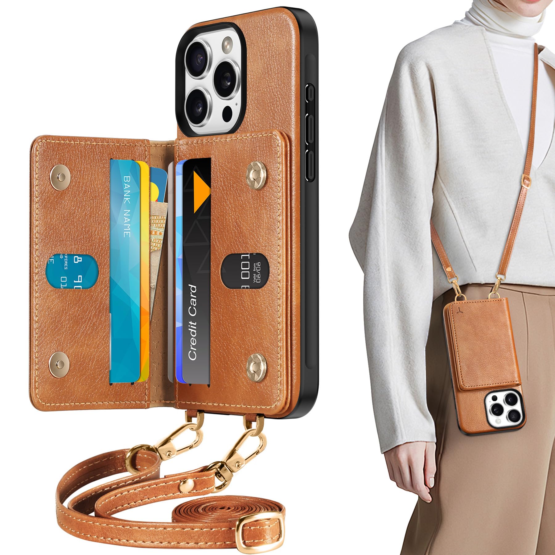 TUCCH Crossbody Wallet Case for iPhone 16 Pro (6.3"), RFID Blocking [6 Card Slots][Detachable Adjustable Lanyard], Magnetic Flip Wallet PU Leather Shockproof Phone Cover for iPhone 16 Pro, Black