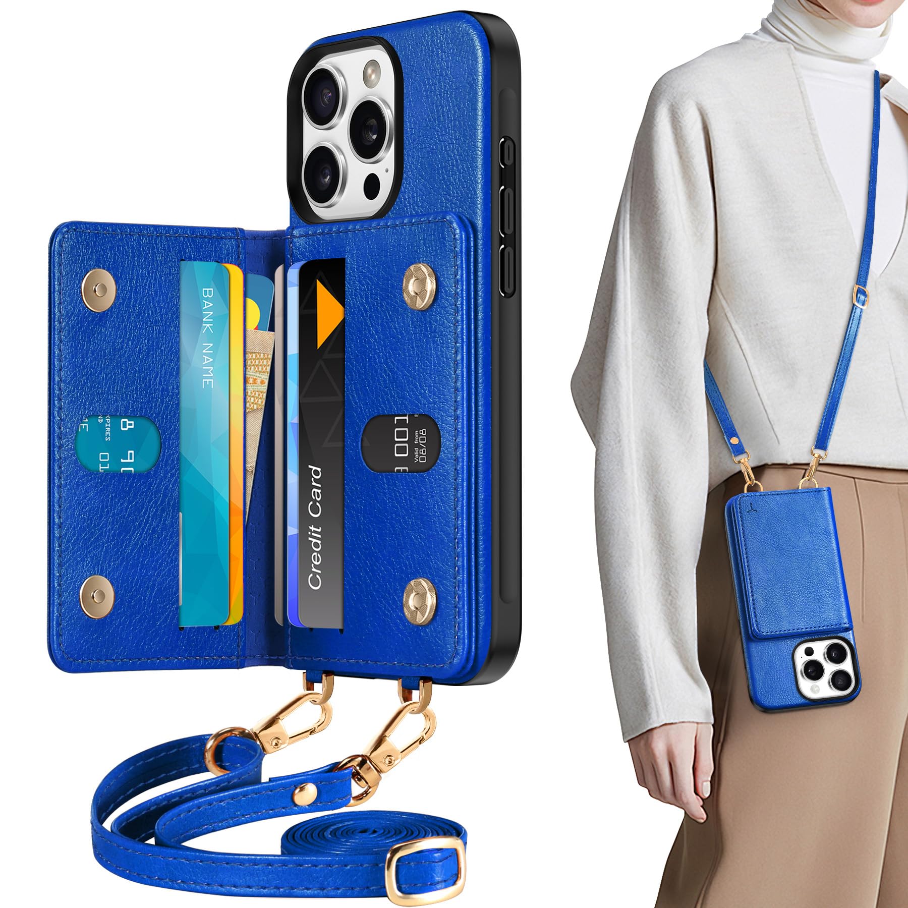 TUCCH Crossbody Wallet Case for iPhone 16 Pro (6.3"), RFID Blocking [6 Card Slots][Detachable Adjustable Lanyard], Magnetic Flip Wallet PU Leather Shockproof Phone Cover for iPhone 16 Pro, Black