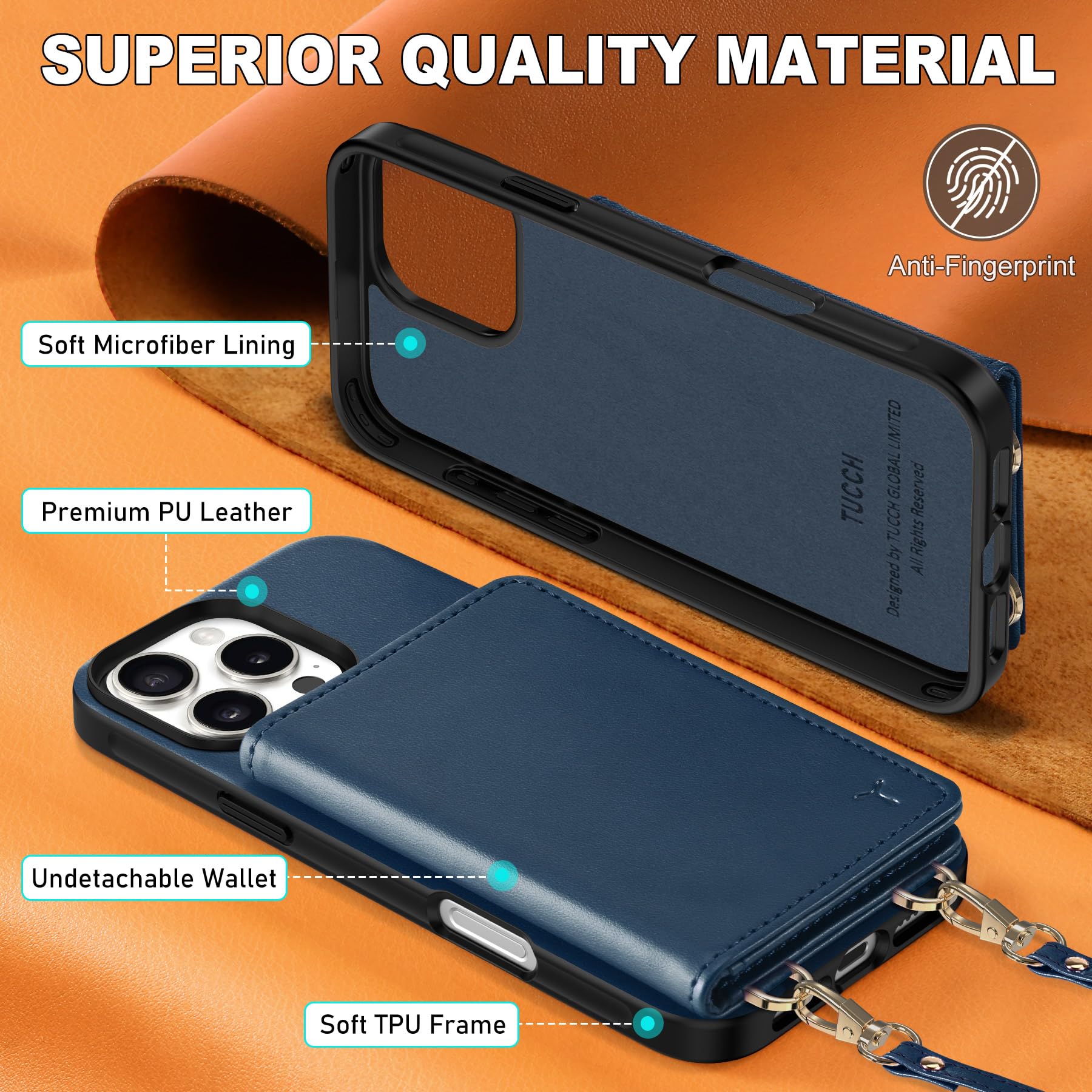 TUCCH Crossbody Wallet Case for iPhone 16 Pro (6.3"), RFID Blocking [6 Card Slots][Detachable Adjustable Lanyard], Magnetic Flip Wallet PU Leather Shockproof Phone Cover for iPhone 16 Pro, Black