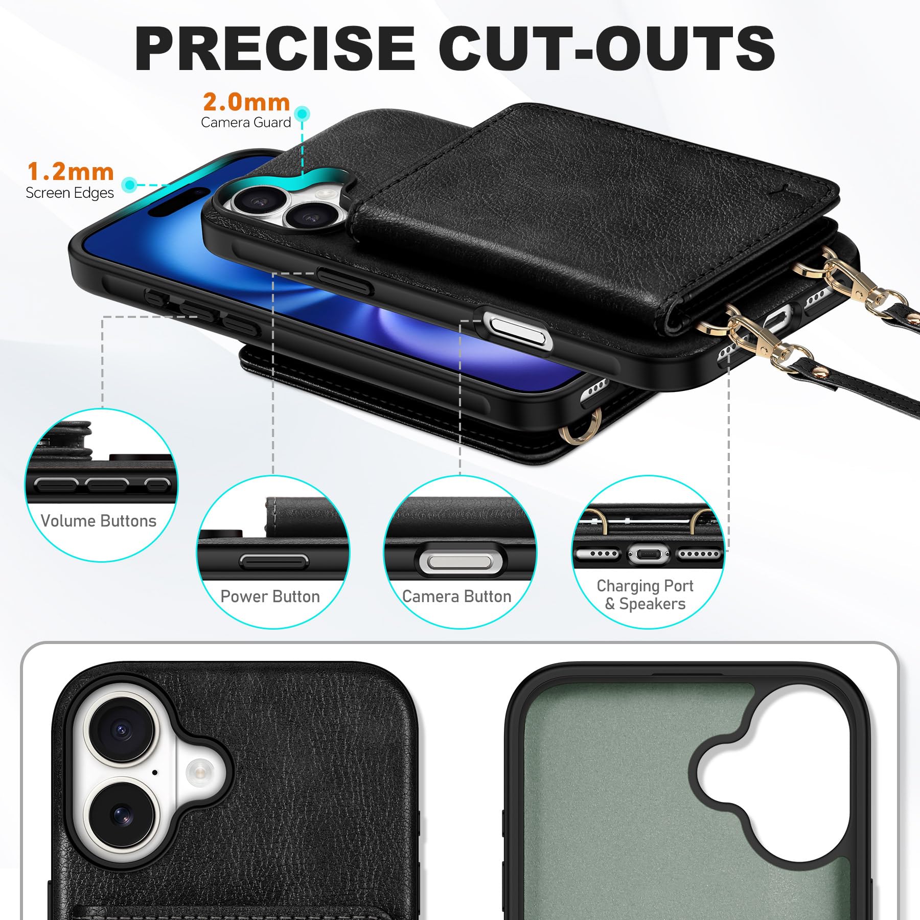 TUCCH Crossbody Wallet Case for iPhone 16 Pro (6.3"), RFID Blocking [6 Card Slots][Detachable Adjustable Lanyard], Magnetic Flip Wallet PU Leather Shockproof Phone Cover for iPhone 16 Pro, Black