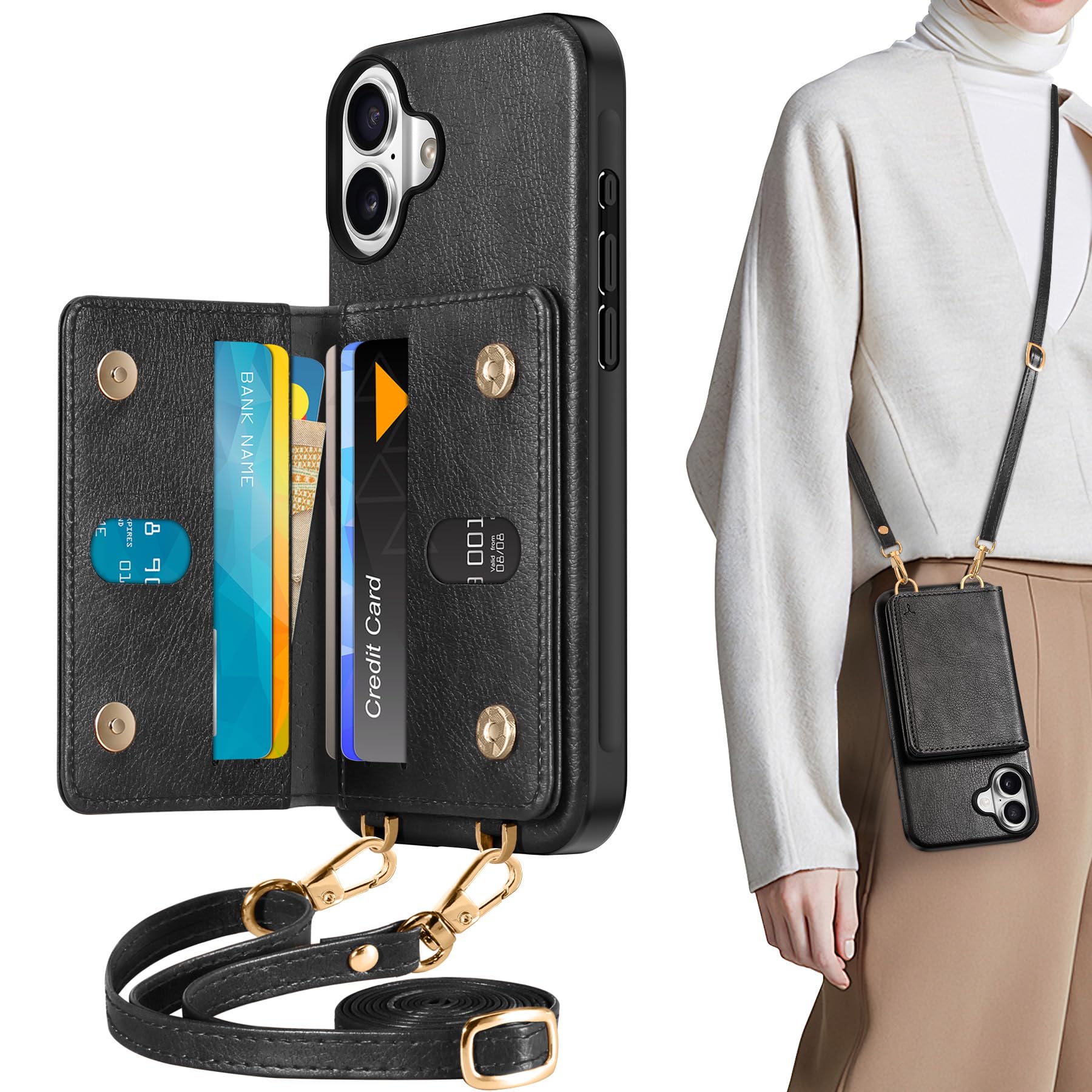 TUCCH Crossbody Wallet Case for iPhone 16 Pro (6.3"), RFID Blocking [6 Card Slots][Detachable Adjustable Lanyard], Magnetic Flip Wallet PU Leather Shockproof Phone Cover for iPhone 16 Pro, Black