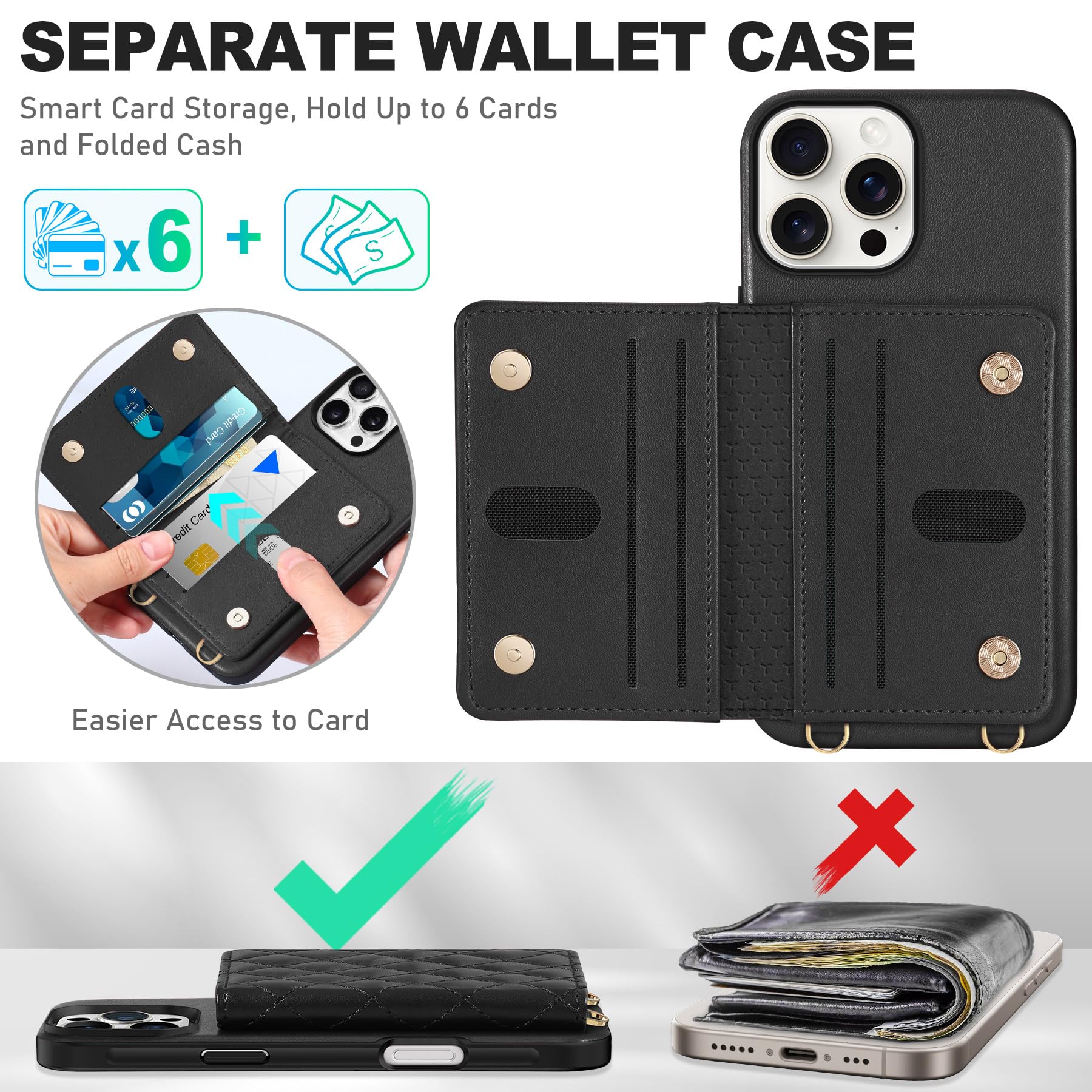 TUCCH Crossbody Wallet Case for iPhone 16 Pro (6.3"), RFID Blocking [6 Card Slots][Detachable Adjustable Lanyard], Magnetic Flip Wallet PU Leather Shockproof Phone Cover for iPhone 16 Pro, Black