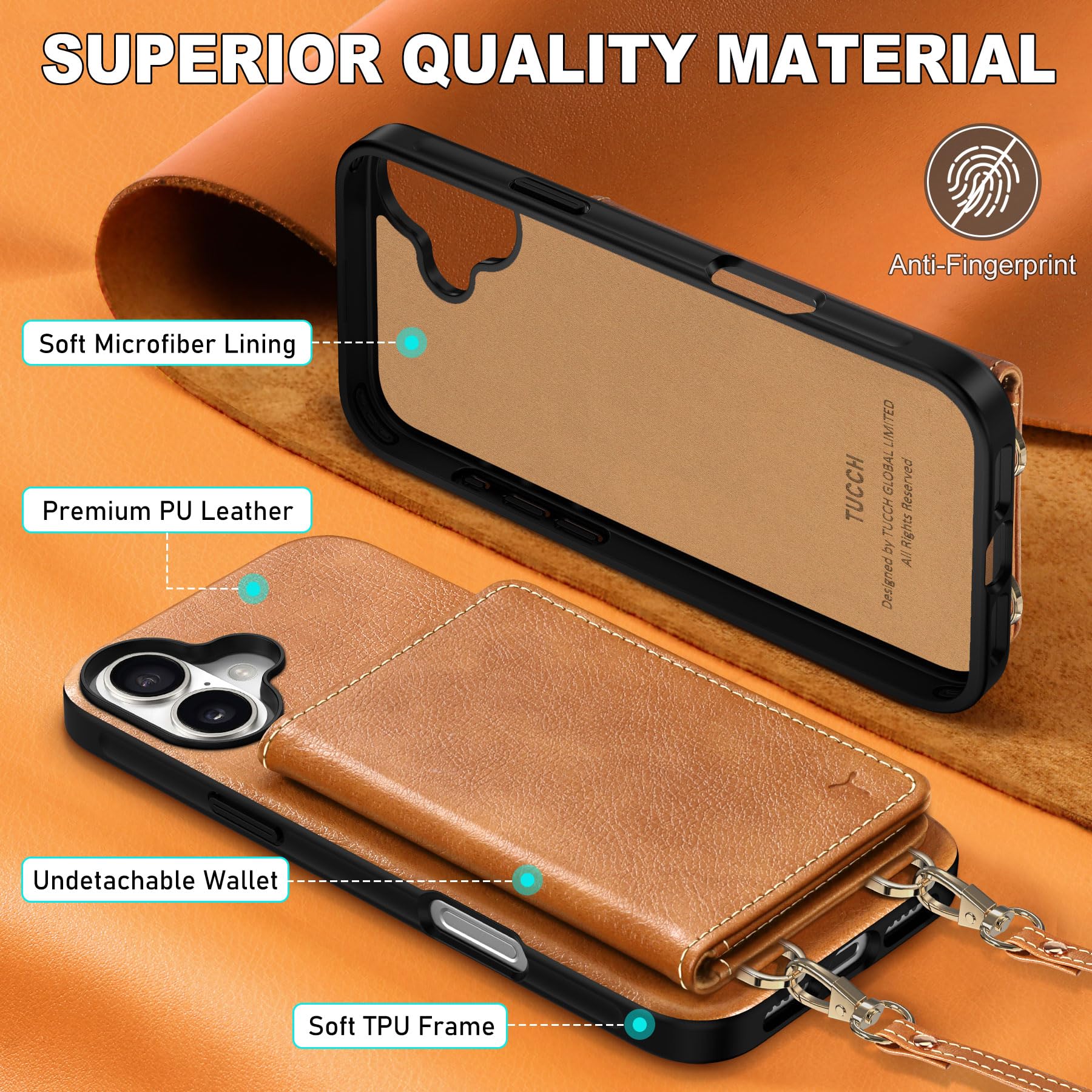 TUCCH Crossbody Wallet Case for iPhone 16 Pro (6.3"), RFID Blocking [6 Card Slots][Detachable Adjustable Lanyard], Magnetic Flip Wallet PU Leather Shockproof Phone Cover for iPhone 16 Pro, Black