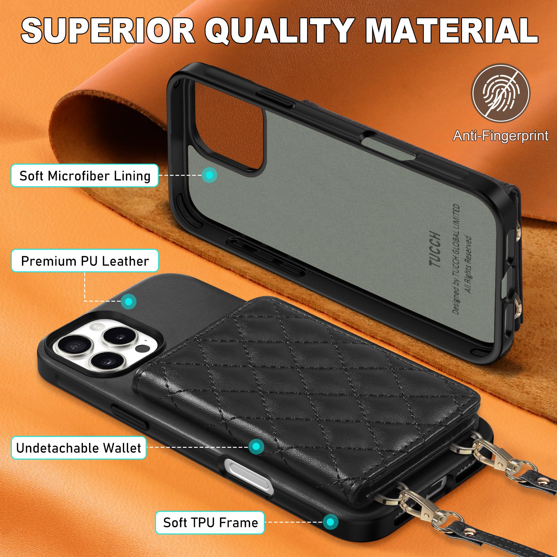 TUCCH Crossbody Wallet Case for iPhone 16 Pro (6.3"), RFID Blocking [6 Card Slots][Detachable Adjustable Lanyard], Magnetic Flip Wallet PU Leather Shockproof Phone Cover for iPhone 16 Pro, Black