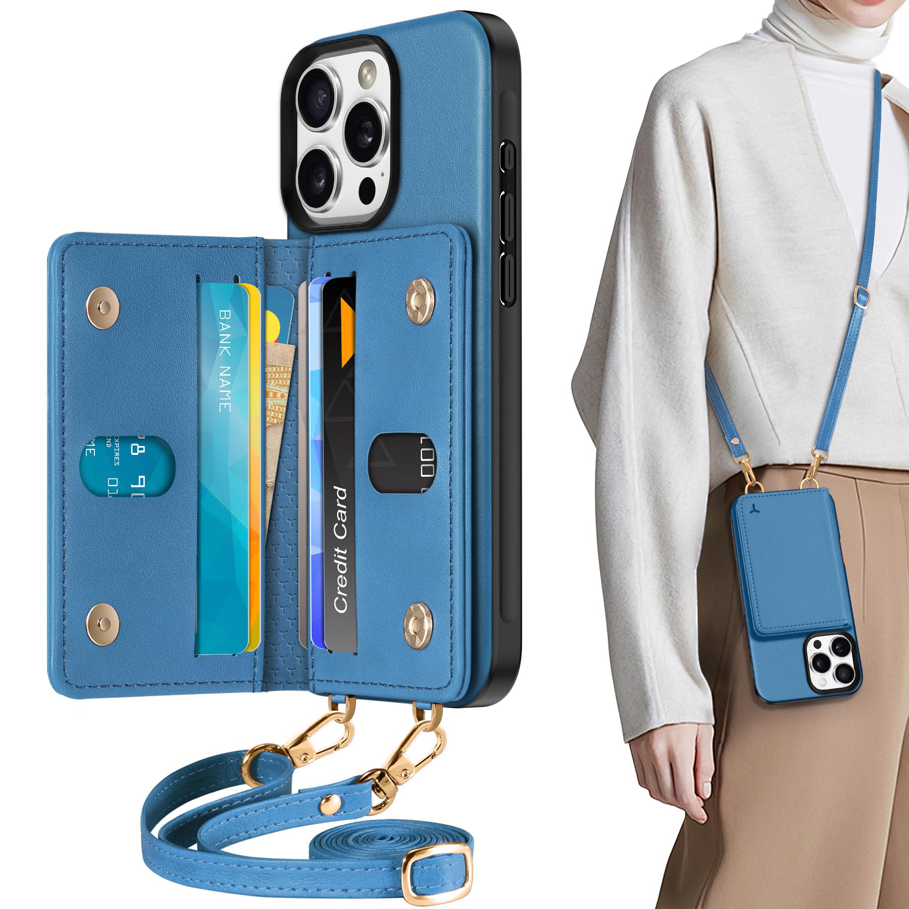 TUCCH Crossbody Wallet Case for iPhone 16 Pro (6.3"), RFID Blocking [6 Card Slots][Detachable Adjustable Lanyard], Magnetic Flip Wallet PU Leather Shockproof Phone Cover for iPhone 16 Pro, Black