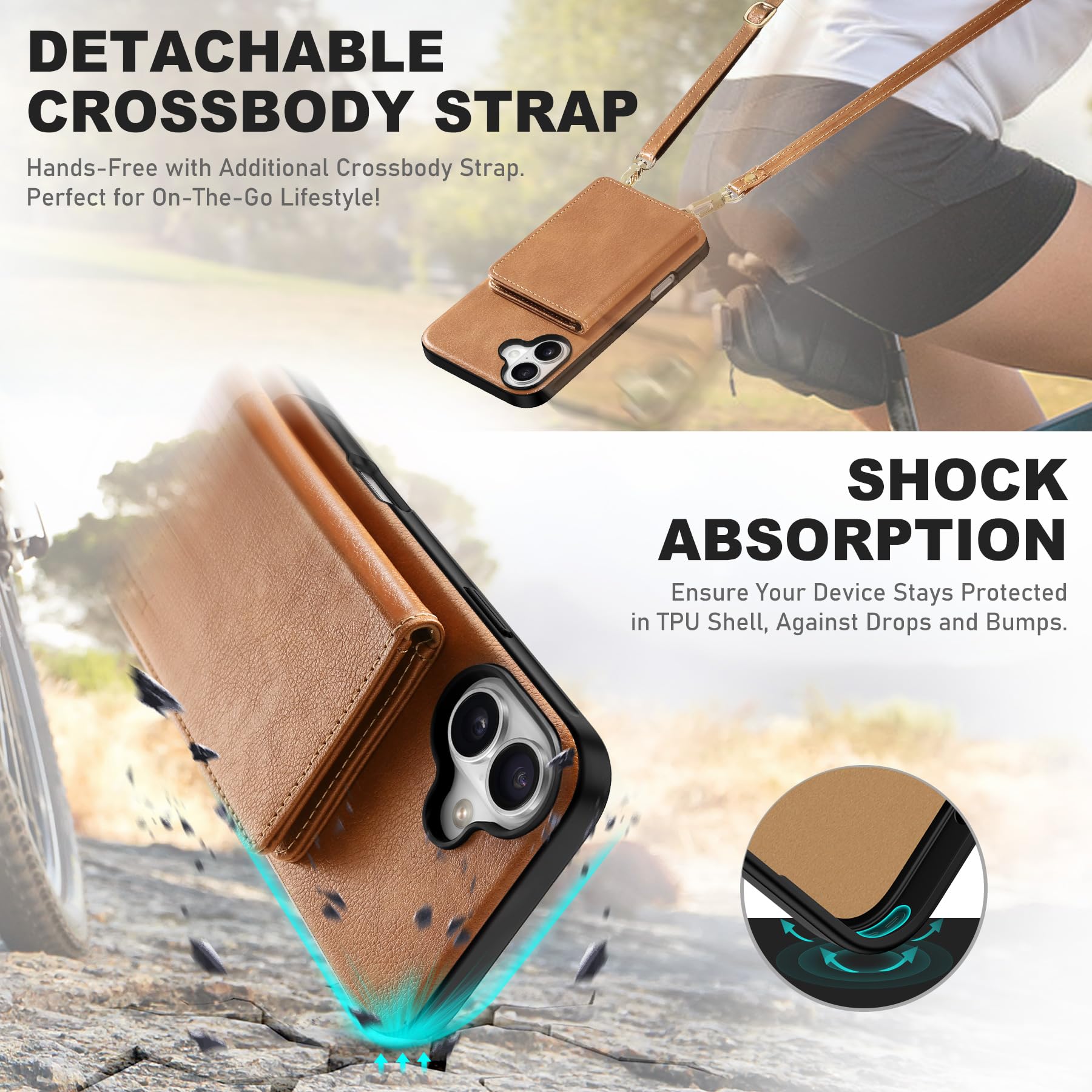 TUCCH Crossbody Wallet Case for iPhone 16 Pro (6.3"), RFID Blocking [6 Card Slots][Detachable Adjustable Lanyard], Magnetic Flip Wallet PU Leather Shockproof Phone Cover for iPhone 16 Pro, Black
