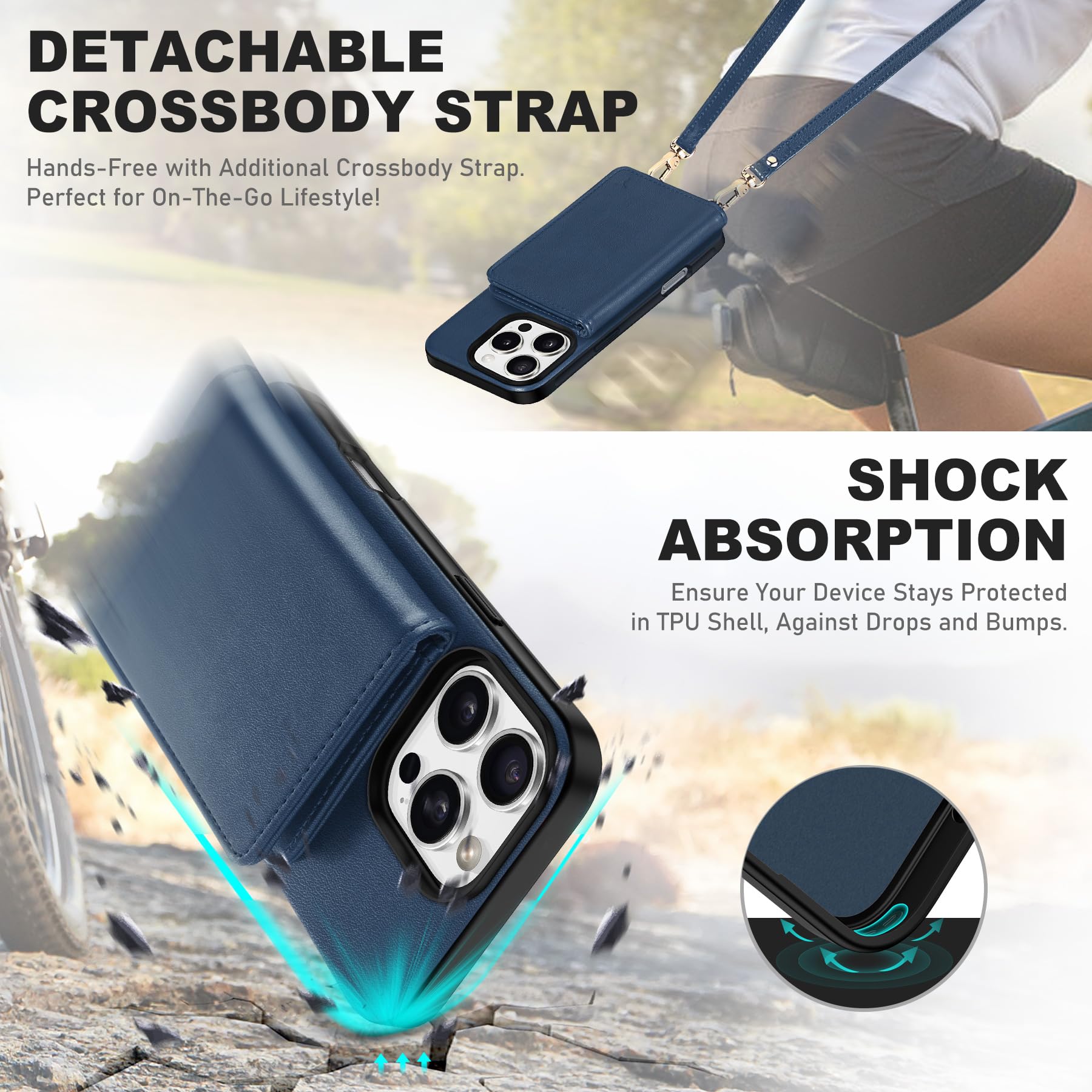 TUCCH Crossbody Wallet Case for iPhone 16 Pro (6.3"), RFID Blocking [6 Card Slots][Detachable Adjustable Lanyard], Magnetic Flip Wallet PU Leather Shockproof Phone Cover for iPhone 16 Pro, Black