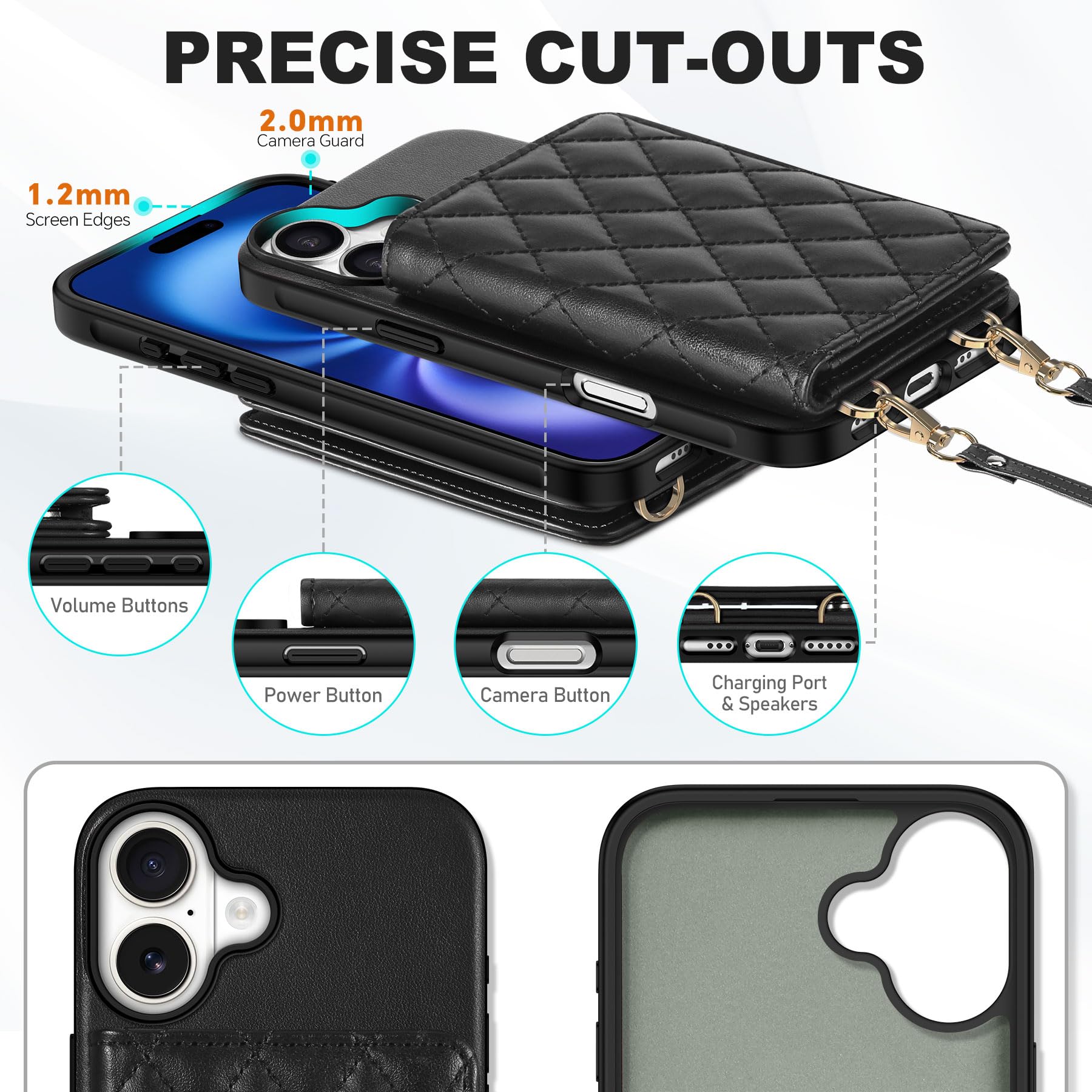 TUCCH Crossbody Wallet Case for iPhone 16 Pro (6.3"), RFID Blocking [6 Card Slots][Detachable Adjustable Lanyard], Magnetic Flip Wallet PU Leather Shockproof Phone Cover for iPhone 16 Pro, Black