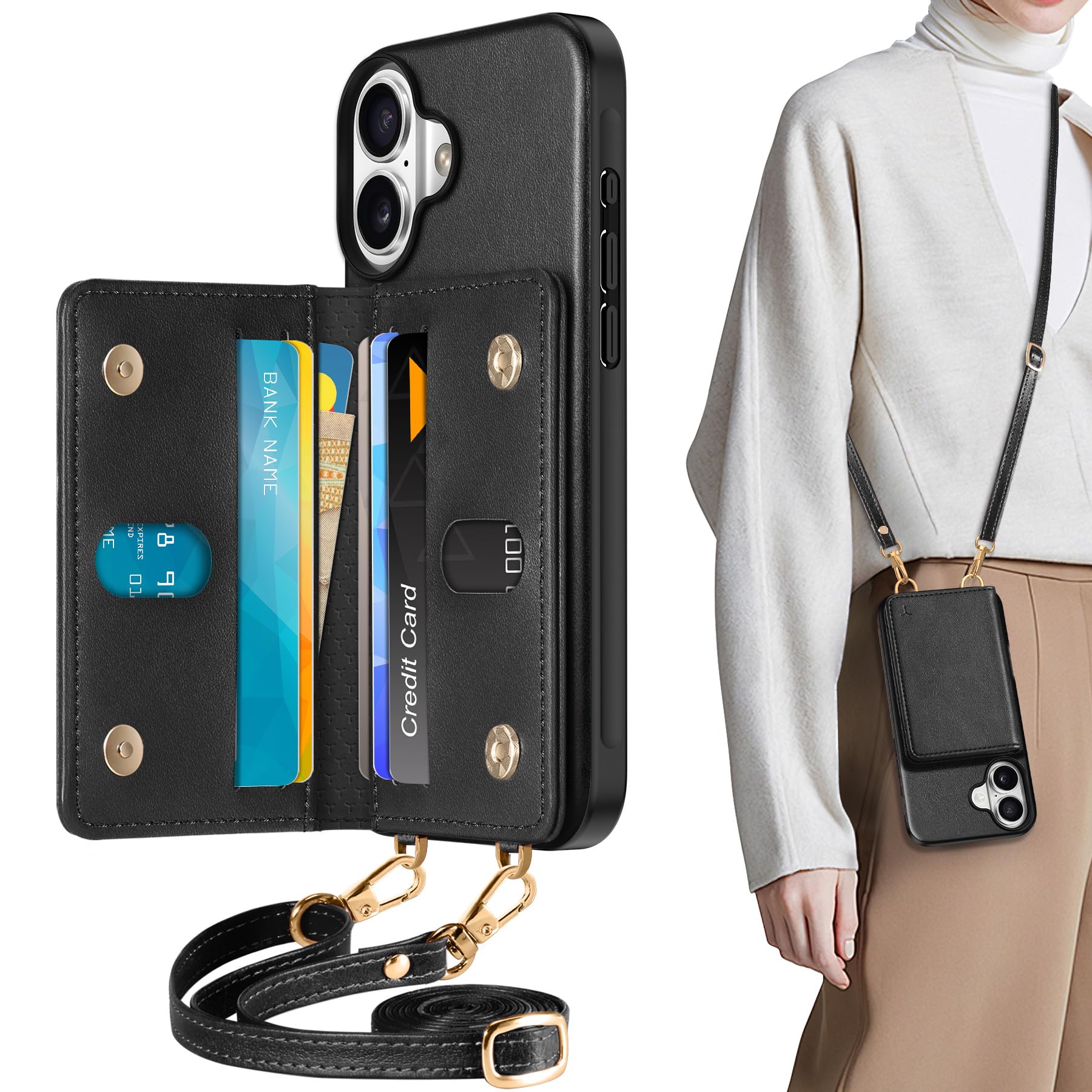 TUCCH Crossbody Wallet Case for iPhone 16 Pro (6.3"), RFID Blocking [6 Card Slots][Detachable Adjustable Lanyard], Magnetic Flip Wallet PU Leather Shockproof Phone Cover for iPhone 16 Pro, Black