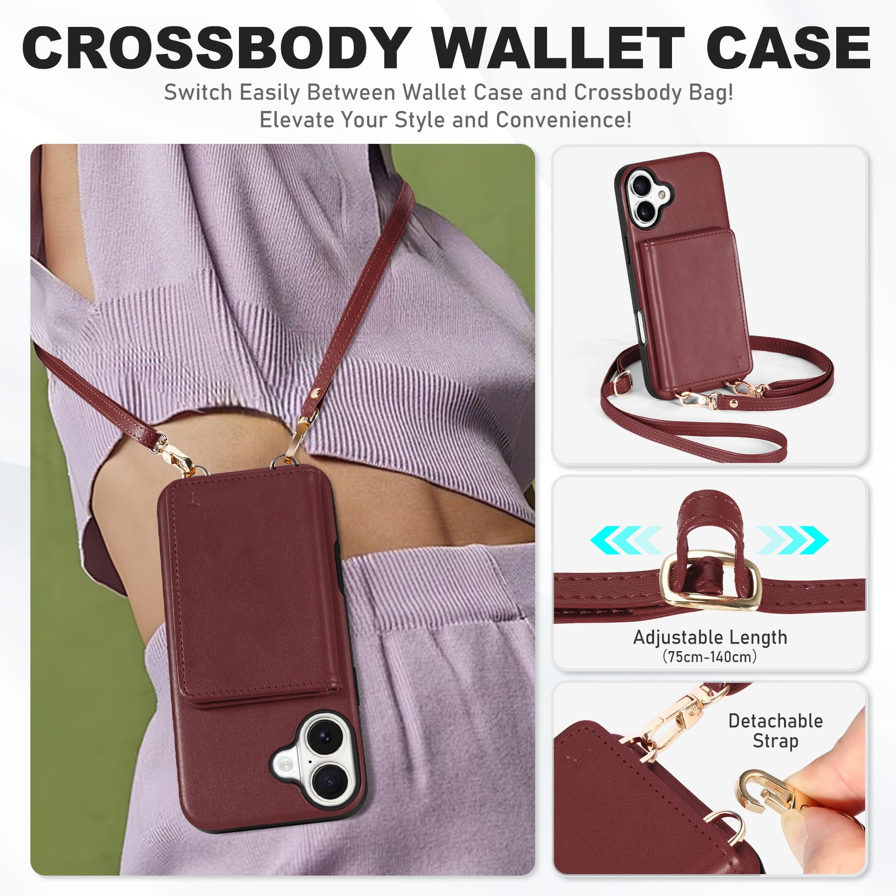 TUCCH Crossbody Wallet Case for iPhone 16 Pro (6.3"), RFID Blocking [6 Card Slots][Detachable Adjustable Lanyard], Magnetic Flip Wallet PU Leather Shockproof Phone Cover for iPhone 16 Pro, Black