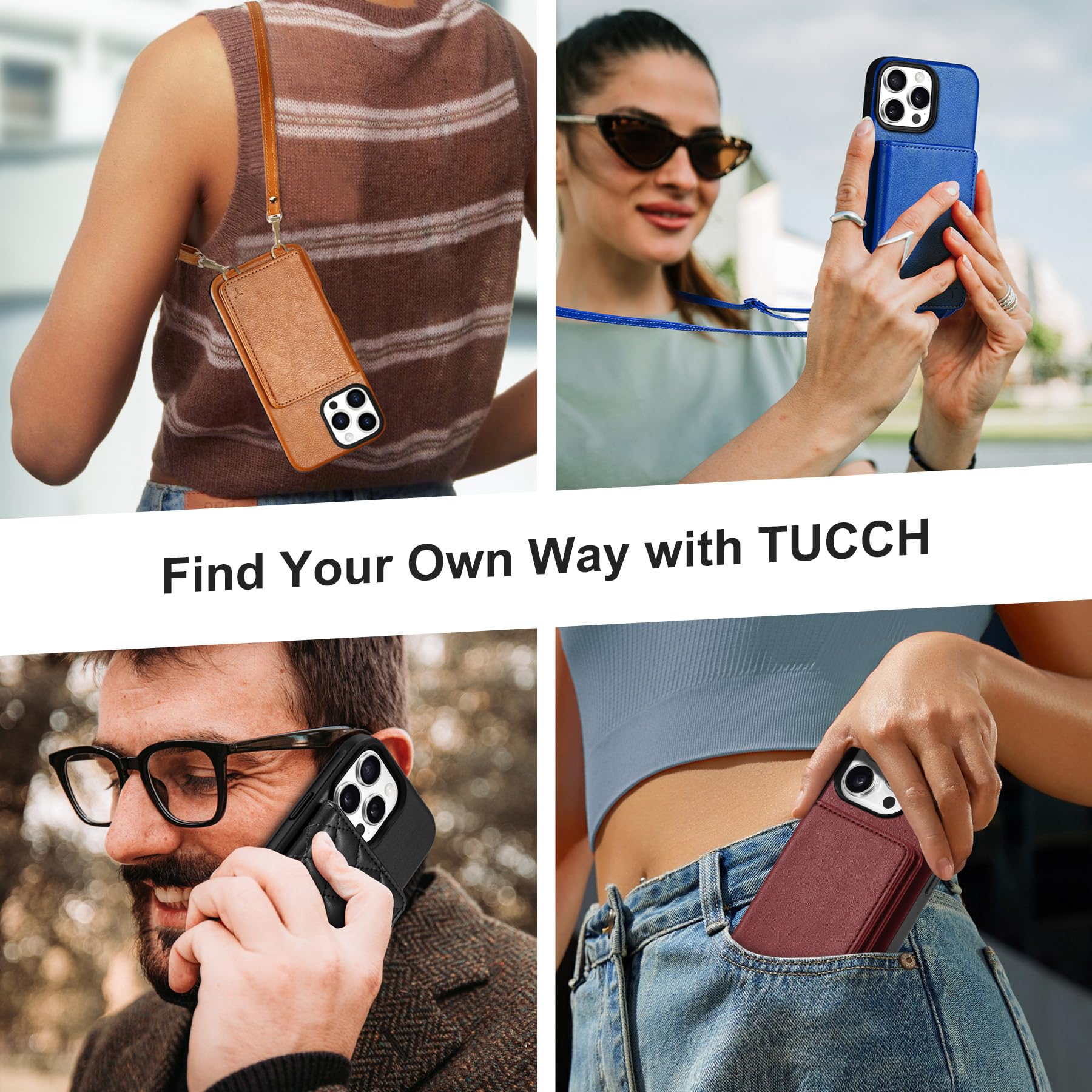 TUCCH Crossbody Wallet Case for iPhone 16 Pro (6.3"), RFID Blocking [6 Card Slots][Detachable Adjustable Lanyard], Magnetic Flip Wallet PU Leather Shockproof Phone Cover for iPhone 16 Pro, Black