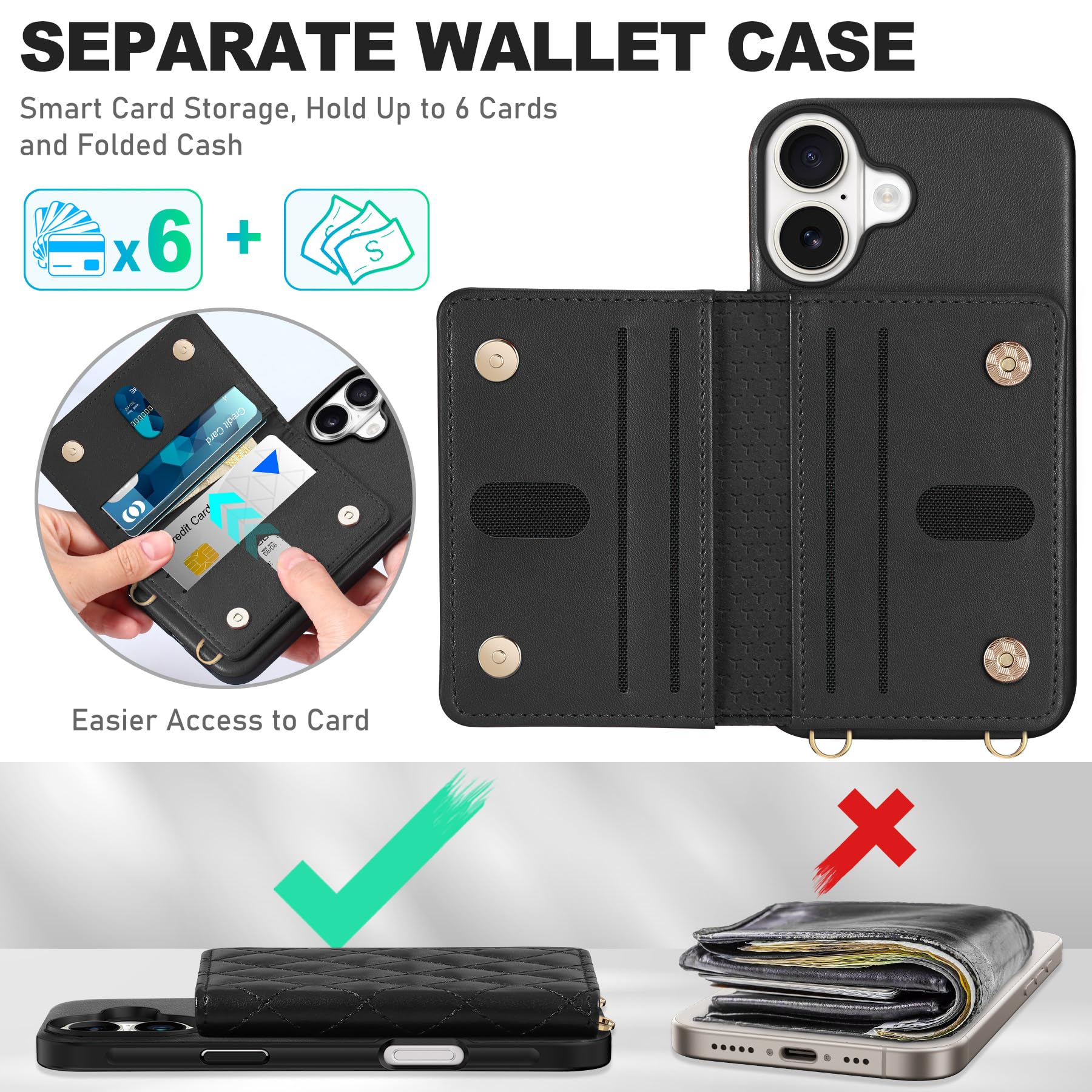 TUCCH Crossbody Wallet Case for iPhone 16 Pro (6.3"), RFID Blocking [6 Card Slots][Detachable Adjustable Lanyard], Magnetic Flip Wallet PU Leather Shockproof Phone Cover for iPhone 16 Pro, Black