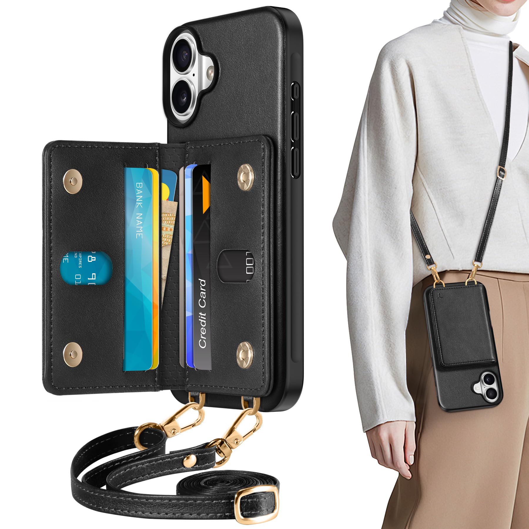 TUCCH Crossbody Wallet Case for iPhone 16 Pro (6.3"), RFID Blocking [6 Card Slots][Detachable Adjustable Lanyard], Magnetic Flip Wallet PU Leather Shockproof Phone Cover for iPhone 16 Pro, Black