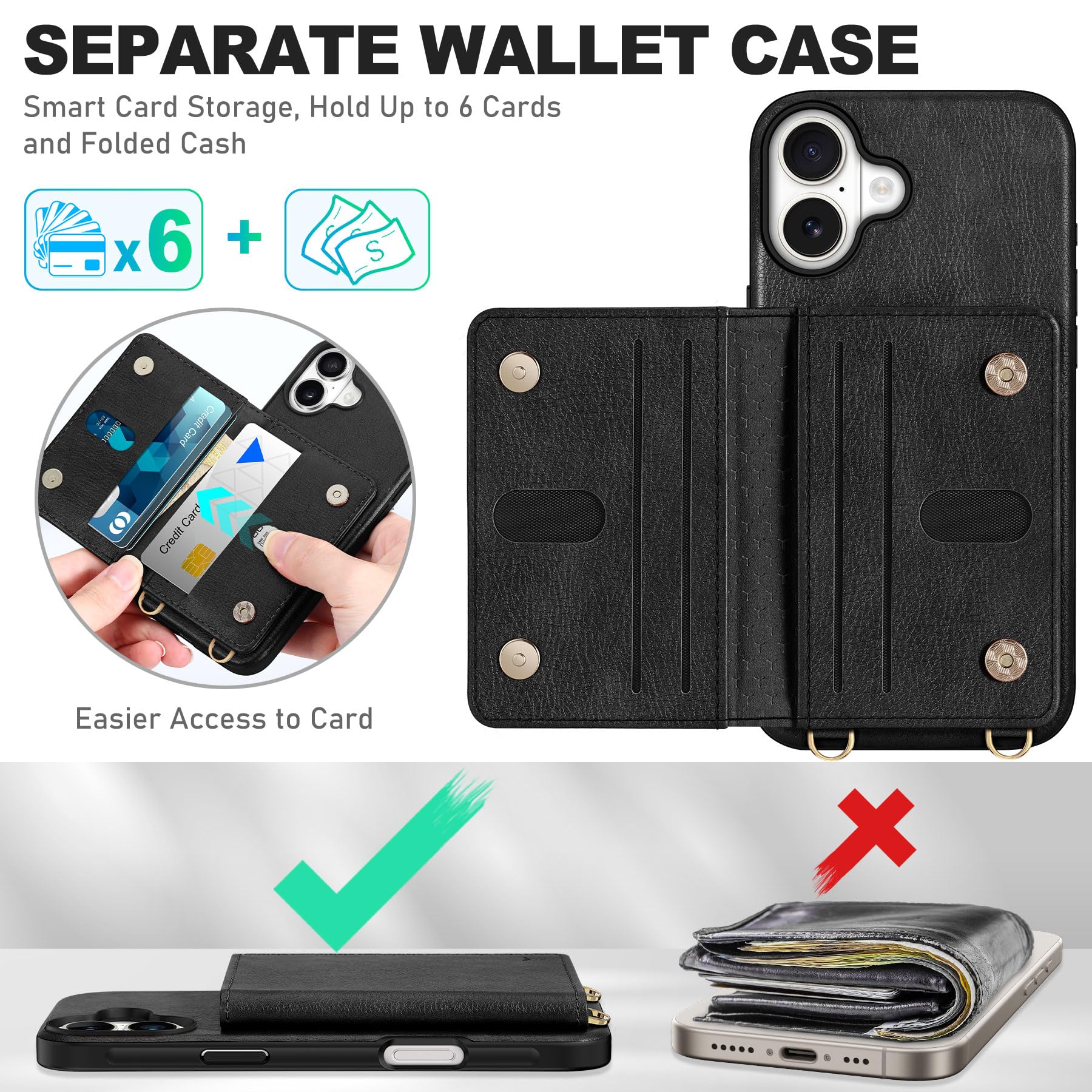 TUCCH Crossbody Wallet Case for iPhone 16 Pro (6.3"), RFID Blocking [6 Card Slots][Detachable Adjustable Lanyard], Magnetic Flip Wallet PU Leather Shockproof Phone Cover for iPhone 16 Pro, Black