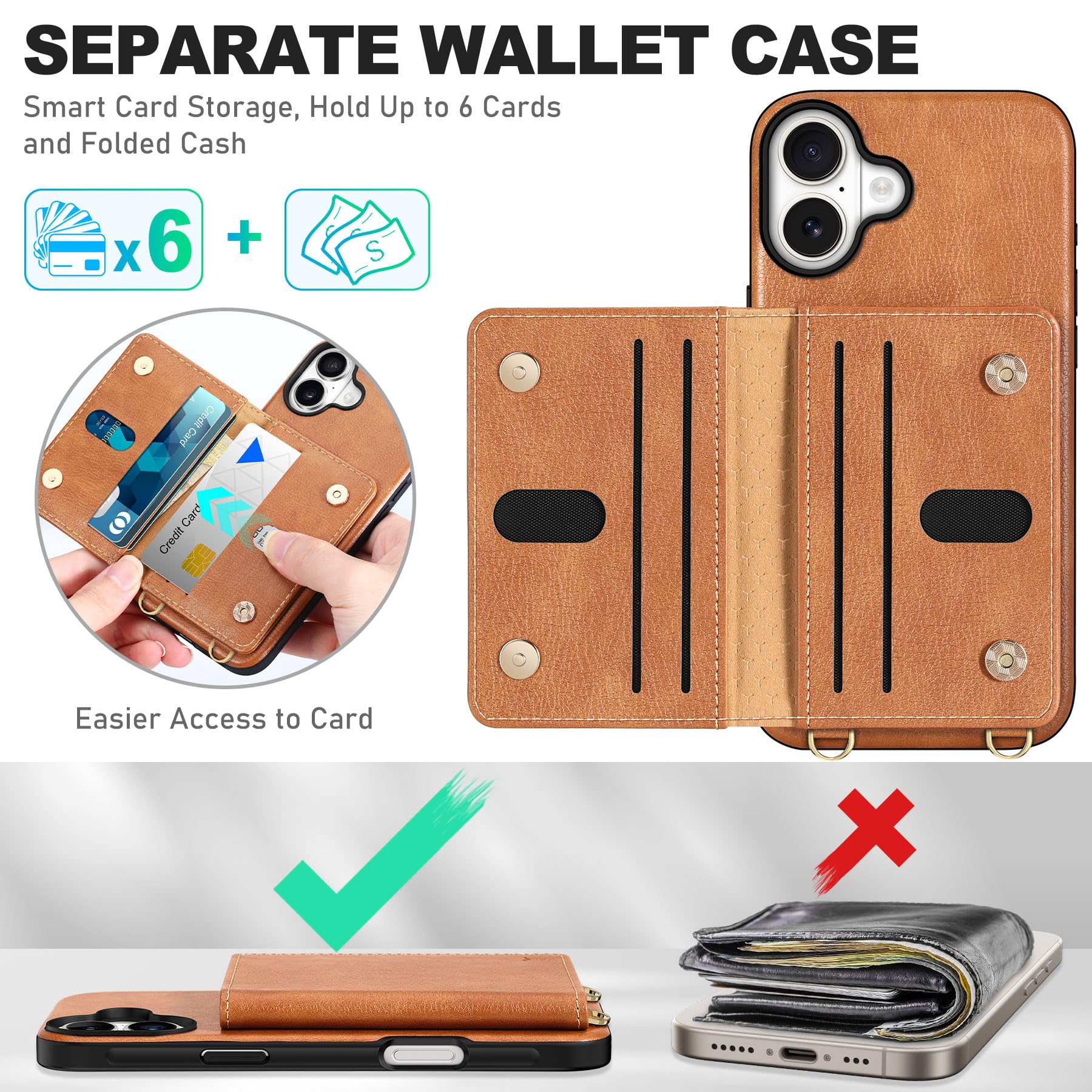 TUCCH Crossbody Wallet Case for iPhone 16 Pro (6.3"), RFID Blocking [6 Card Slots][Detachable Adjustable Lanyard], Magnetic Flip Wallet PU Leather Shockproof Phone Cover for iPhone 16 Pro, Black