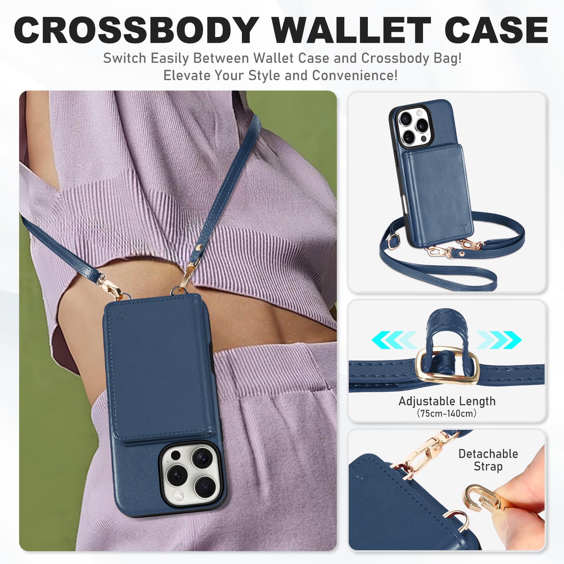 TUCCH Crossbody Wallet Case for iPhone 16 Pro (6.3"), RFID Blocking [6 Card Slots][Detachable Adjustable Lanyard], Magnetic Flip Wallet PU Leather Shockproof Phone Cover for iPhone 16 Pro, Black