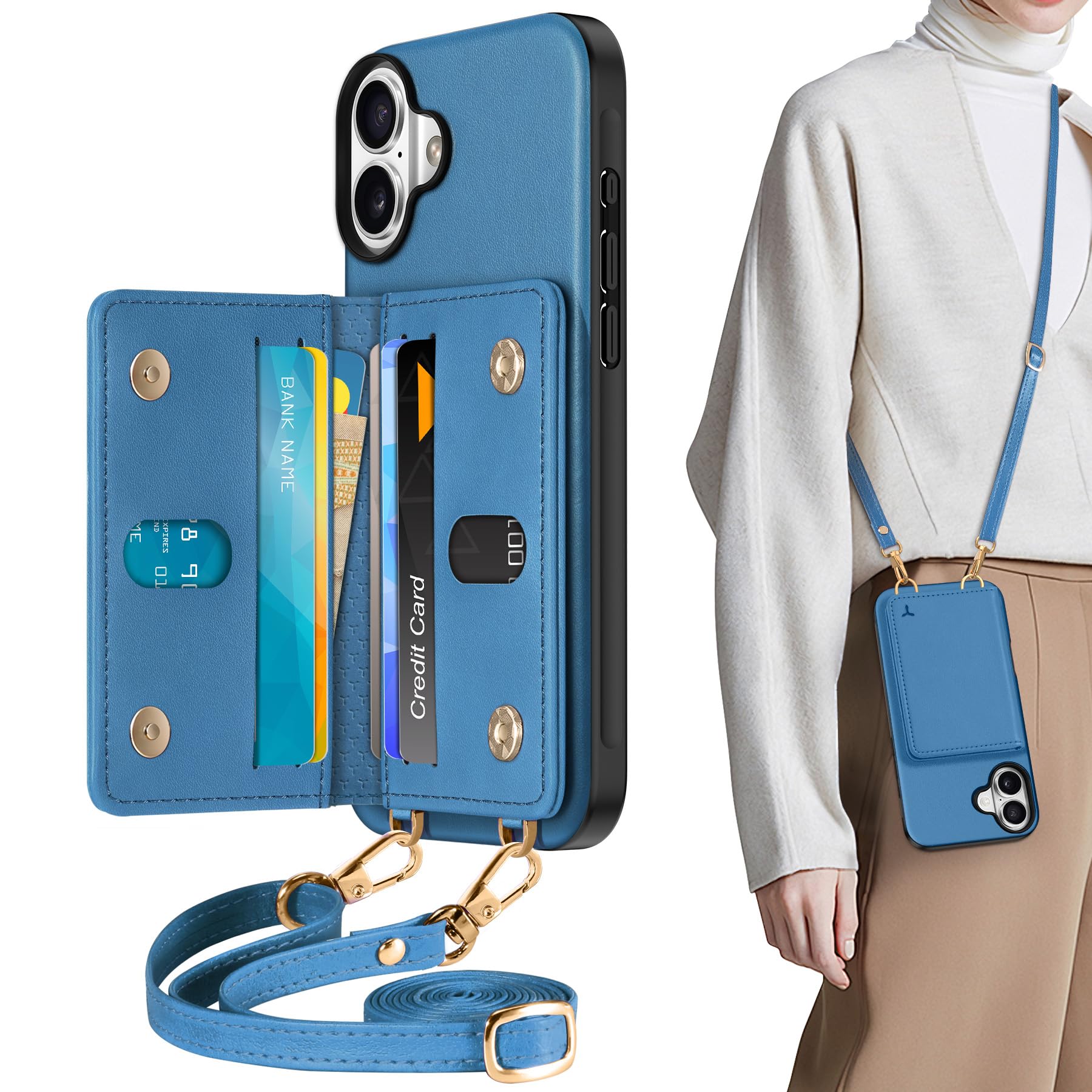 TUCCH Crossbody Wallet Case for iPhone 16 Pro (6.3"), RFID Blocking [6 Card Slots][Detachable Adjustable Lanyard], Magnetic Flip Wallet PU Leather Shockproof Phone Cover for iPhone 16 Pro, Black