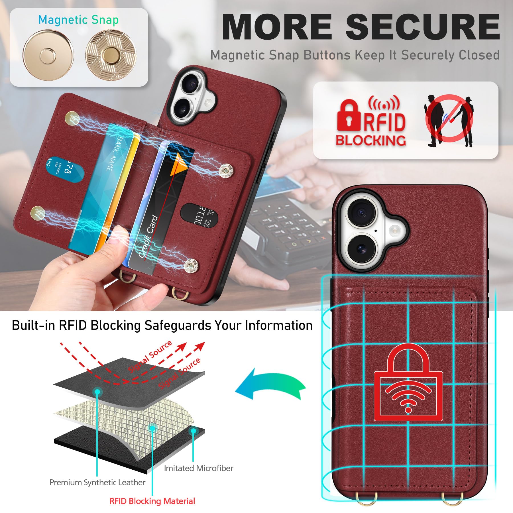 TUCCH Crossbody Wallet Case for iPhone 16 Pro (6.3"), RFID Blocking [6 Card Slots][Detachable Adjustable Lanyard], Magnetic Flip Wallet PU Leather Shockproof Phone Cover for iPhone 16 Pro, Black