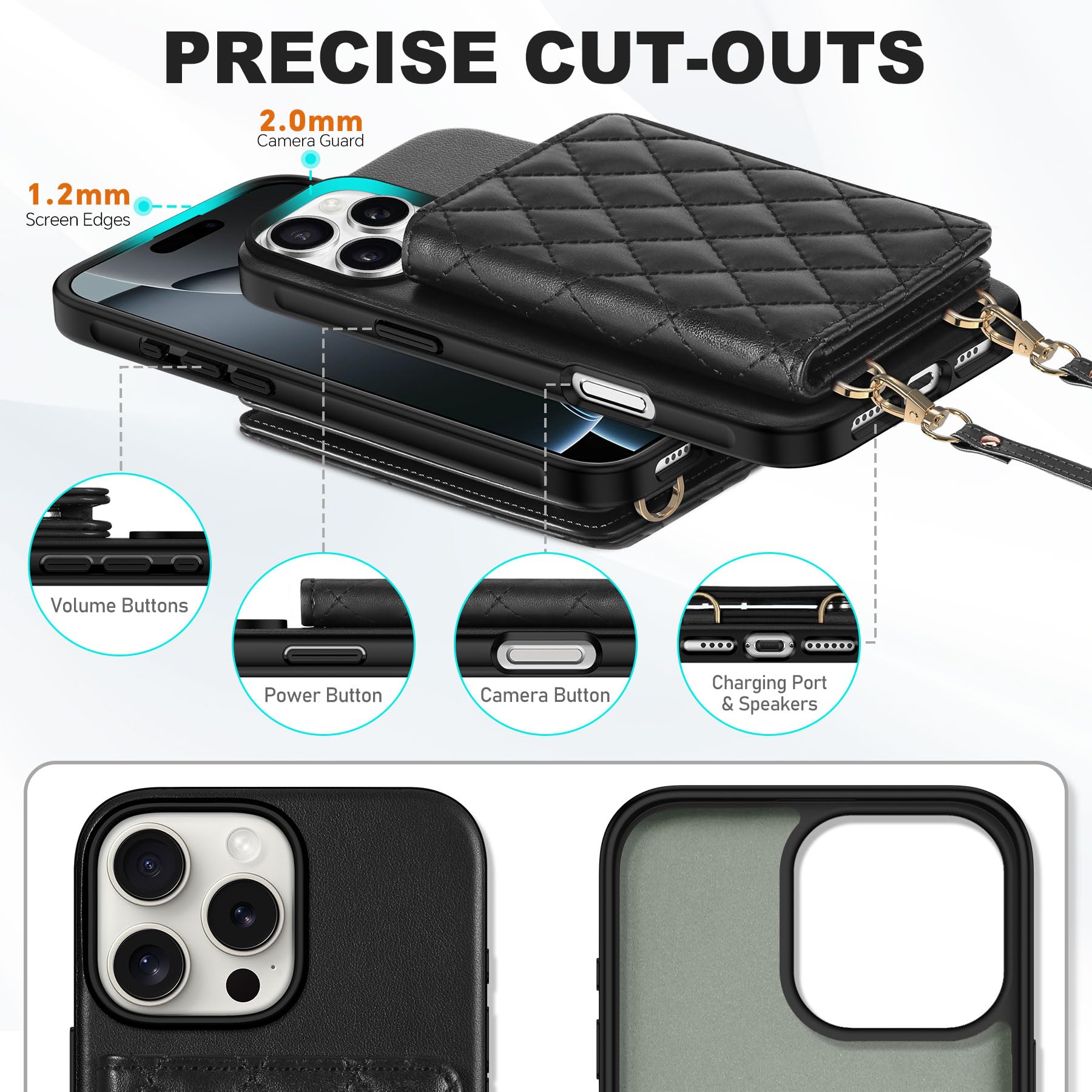 TUCCH Crossbody Wallet Case for iPhone 16 Pro (6.3"), RFID Blocking [6 Card Slots][Detachable Adjustable Lanyard], Magnetic Flip Wallet PU Leather Shockproof Phone Cover for iPhone 16 Pro, Black