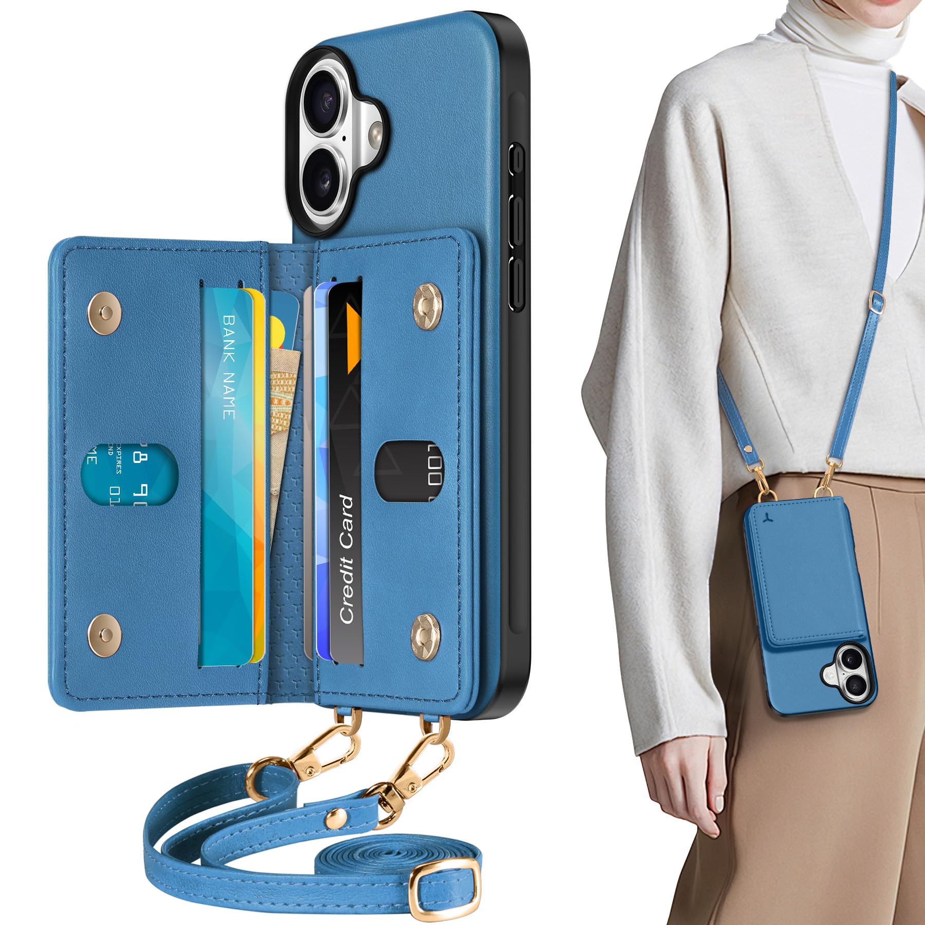 TUCCH Crossbody Wallet Case for iPhone 16 Pro (6.3"), RFID Blocking [6 Card Slots][Detachable Adjustable Lanyard], Magnetic Flip Wallet PU Leather Shockproof Phone Cover for iPhone 16 Pro, Black