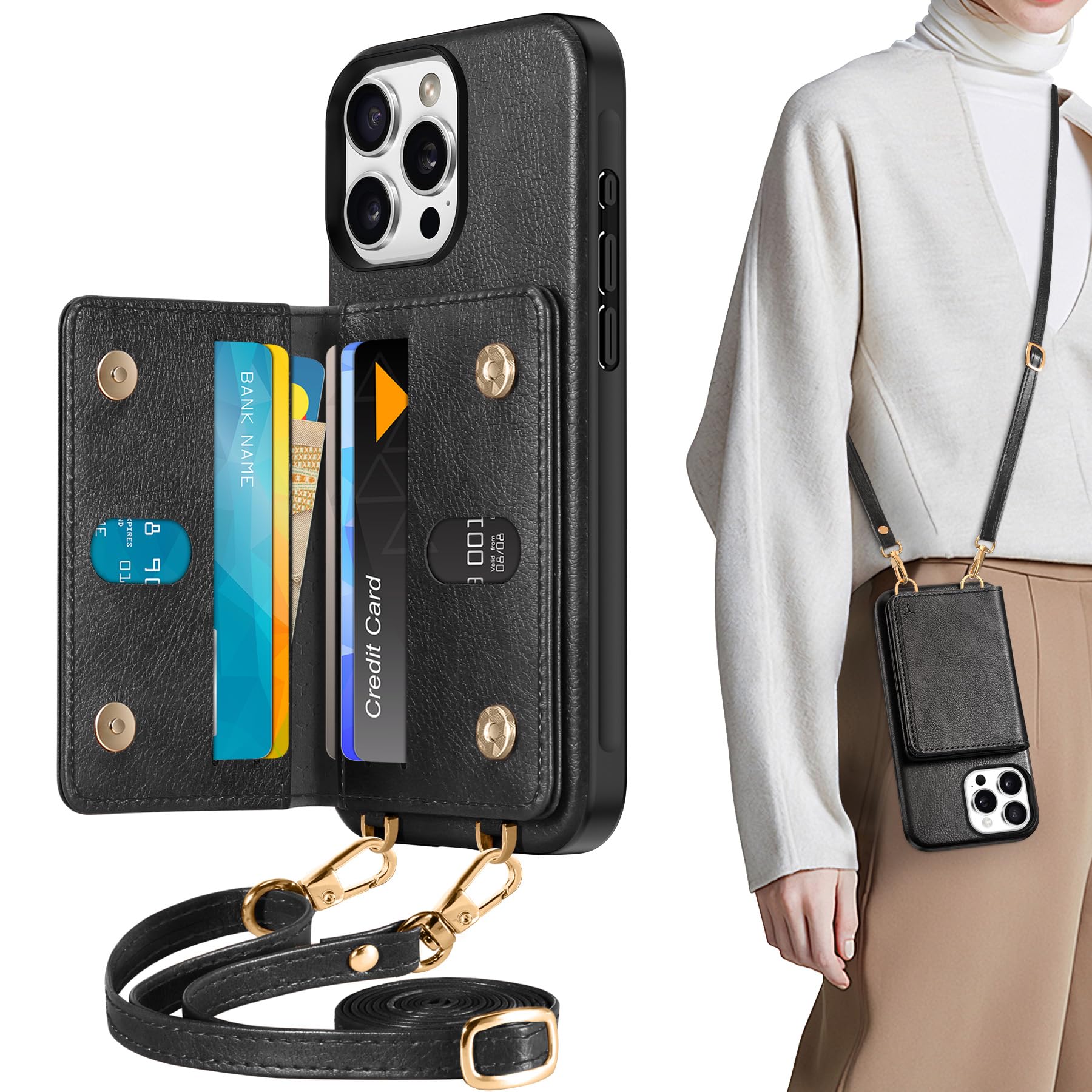 TUCCH Crossbody Wallet Case for iPhone 16 Pro (6.3"), RFID Blocking [6 Card Slots][Detachable Adjustable Lanyard], Magnetic Flip Wallet PU Leather Shockproof Phone Cover for iPhone 16 Pro, Black