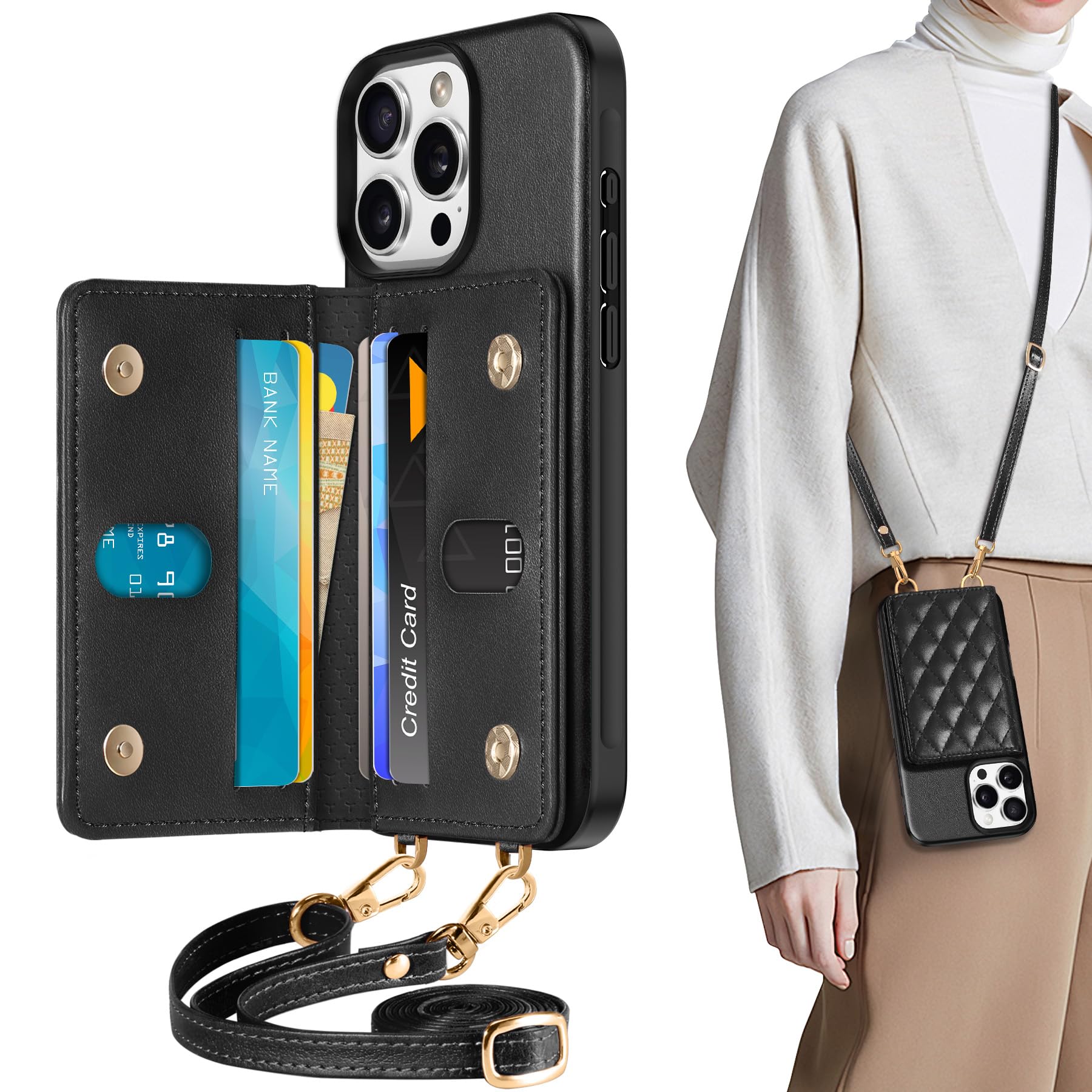 TUCCH Crossbody Wallet Case for iPhone 16 Pro (6.3"), RFID Blocking [6 Card Slots][Detachable Adjustable Lanyard], Magnetic Flip Wallet PU Leather Shockproof Phone Cover for iPhone 16 Pro, Black