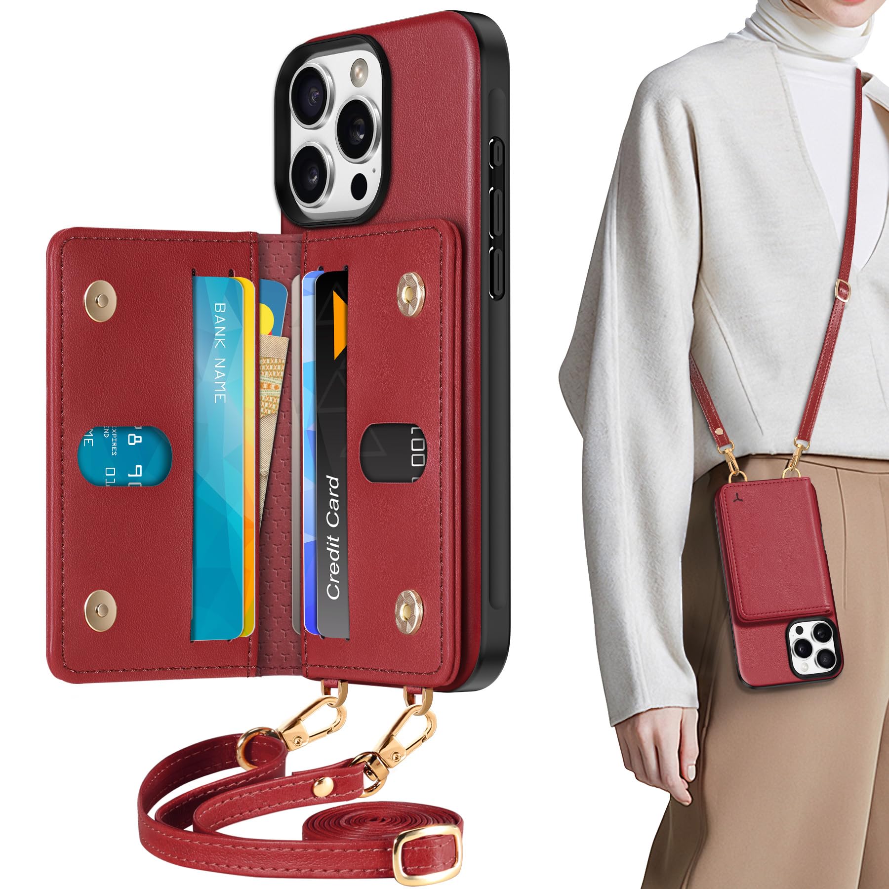 TUCCH Crossbody Wallet Case for iPhone 16 Pro (6.3"), RFID Blocking [6 Card Slots][Detachable Adjustable Lanyard], Magnetic Flip Wallet PU Leather Shockproof Phone Cover for iPhone 16 Pro, Black