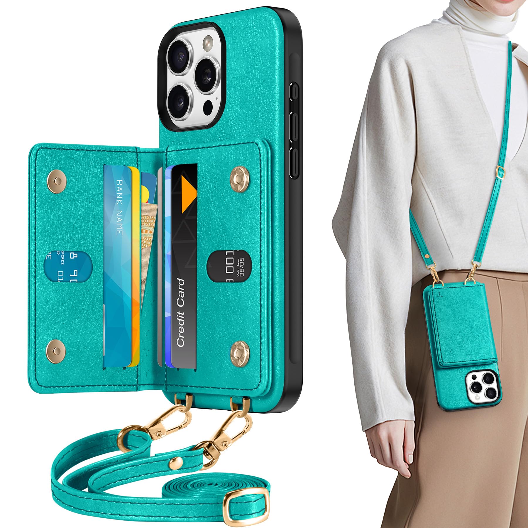 TUCCH Crossbody Wallet Case for iPhone 16 Pro (6.3"), RFID Blocking [6 Card Slots][Detachable Adjustable Lanyard], Magnetic Flip Wallet PU Leather Shockproof Phone Cover for iPhone 16 Pro, Black