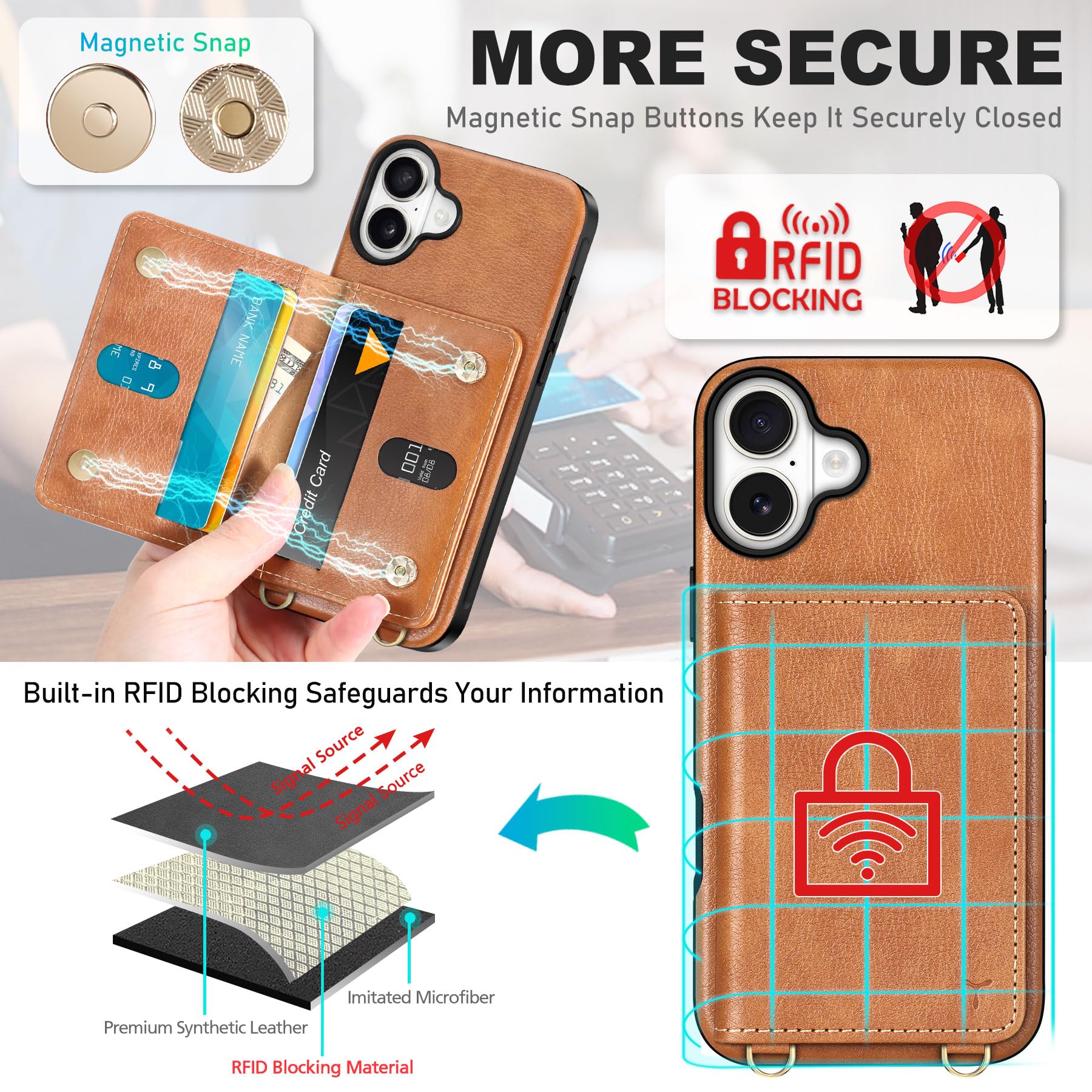 TUCCH Crossbody Wallet Case for iPhone 16 Pro (6.3"), RFID Blocking [6 Card Slots][Detachable Adjustable Lanyard], Magnetic Flip Wallet PU Leather Shockproof Phone Cover for iPhone 16 Pro, Black