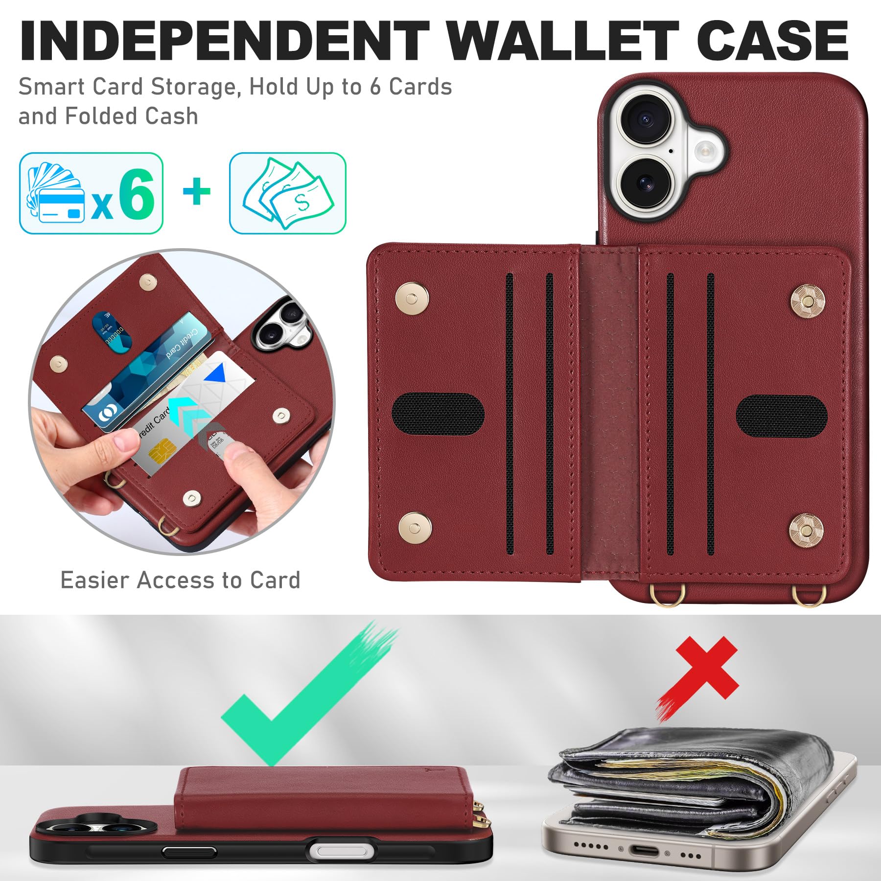 TUCCH Crossbody Wallet Case for iPhone 16 Pro (6.3"), RFID Blocking [6 Card Slots][Detachable Adjustable Lanyard], Magnetic Flip Wallet PU Leather Shockproof Phone Cover for iPhone 16 Pro, Black