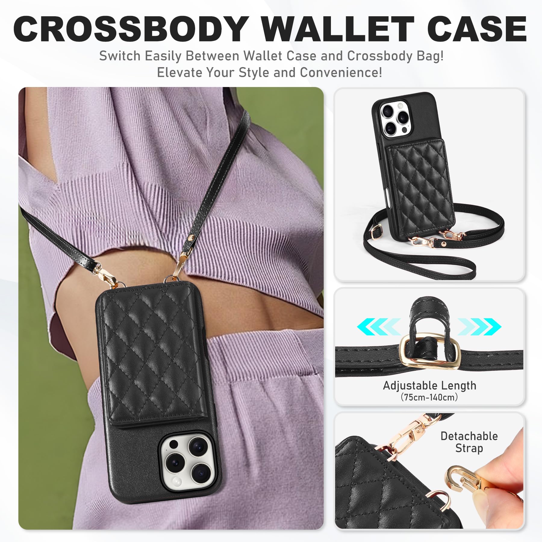 TUCCH Crossbody Wallet Case for iPhone 16 Pro (6.3"), RFID Blocking [6 Card Slots][Detachable Adjustable Lanyard], Magnetic Flip Wallet PU Leather Shockproof Phone Cover for iPhone 16 Pro, Black