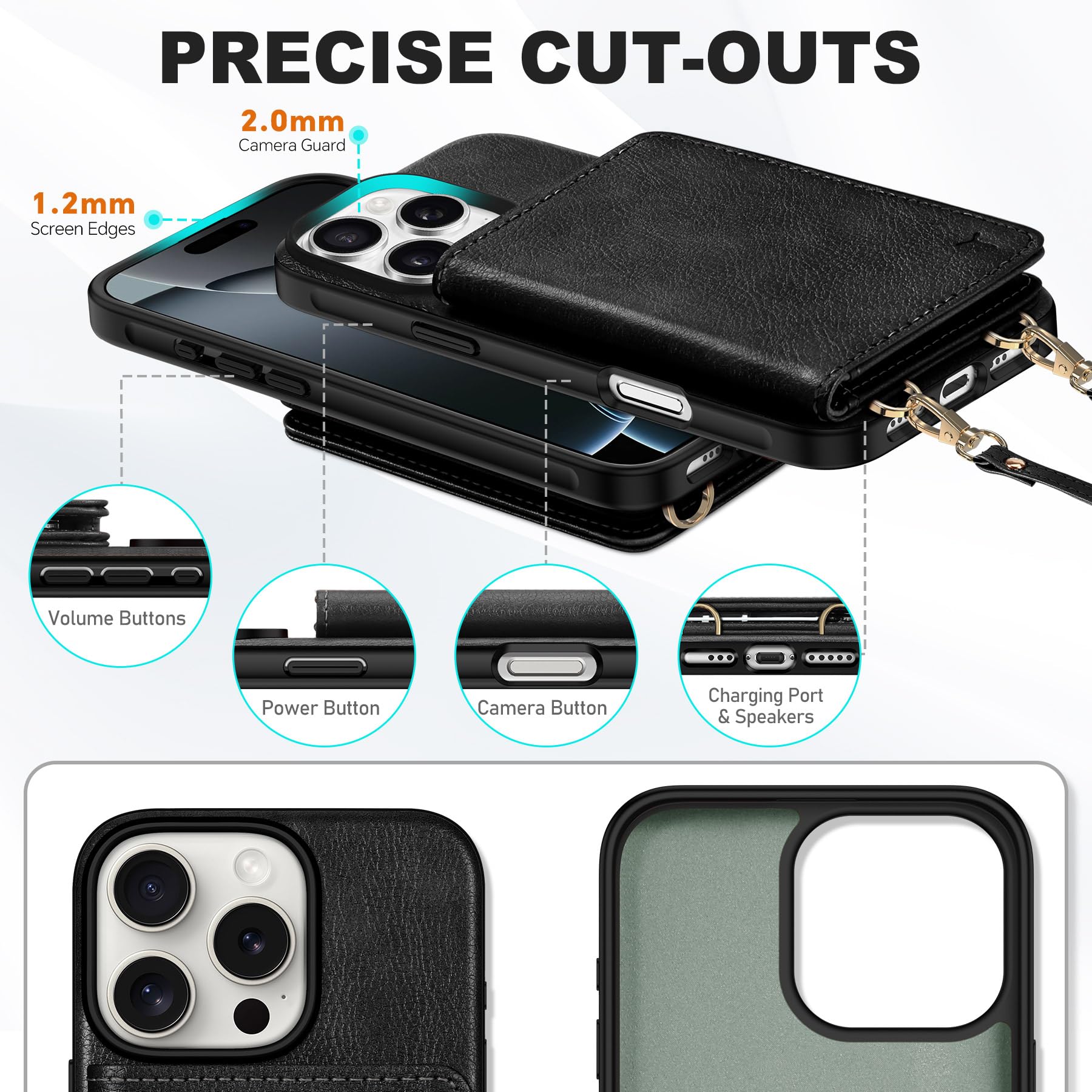 TUCCH Crossbody Wallet Case for iPhone 16 Pro (6.3"), RFID Blocking [6 Card Slots][Detachable Adjustable Lanyard], Magnetic Flip Wallet PU Leather Shockproof Phone Cover for iPhone 16 Pro, Black