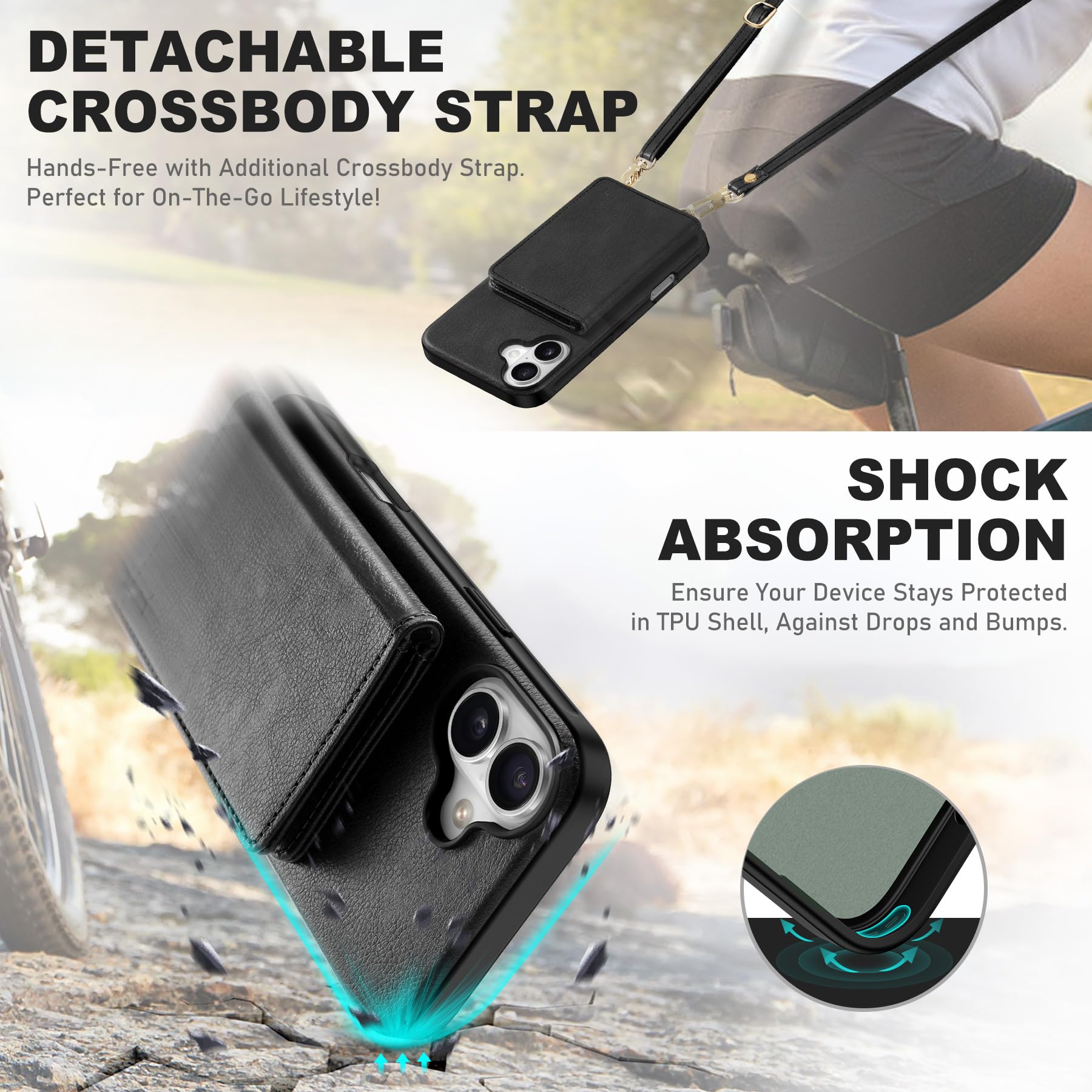 TUCCH Crossbody Wallet Case for iPhone 16 Pro (6.3"), RFID Blocking [6 Card Slots][Detachable Adjustable Lanyard], Magnetic Flip Wallet PU Leather Shockproof Phone Cover for iPhone 16 Pro, Black