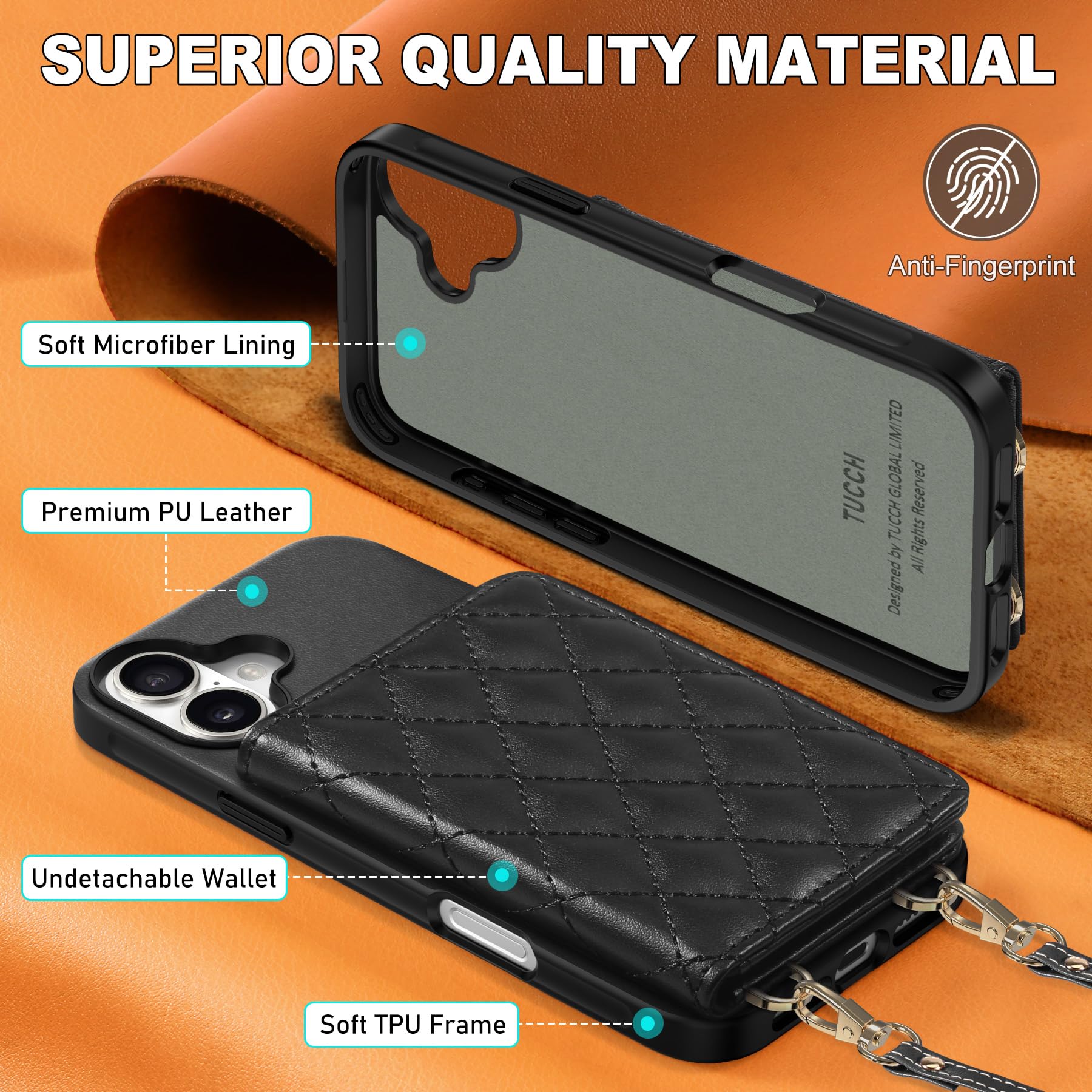 TUCCH Crossbody Wallet Case for iPhone 16 Pro (6.3"), RFID Blocking [6 Card Slots][Detachable Adjustable Lanyard], Magnetic Flip Wallet PU Leather Shockproof Phone Cover for iPhone 16 Pro, Black