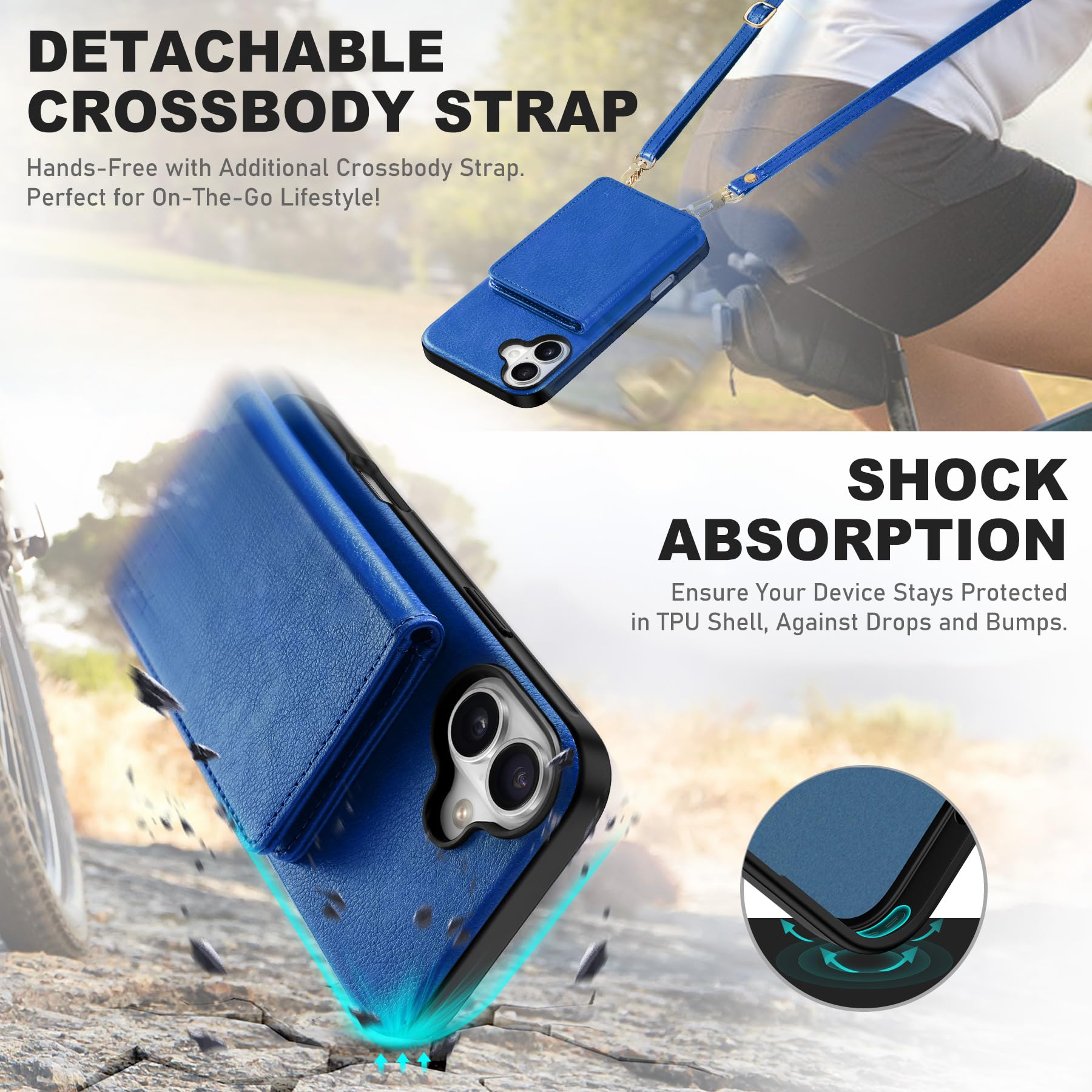 TUCCH Crossbody Wallet Case for iPhone 16 Pro (6.3"), RFID Blocking [6 Card Slots][Detachable Adjustable Lanyard], Magnetic Flip Wallet PU Leather Shockproof Phone Cover for iPhone 16 Pro, Black