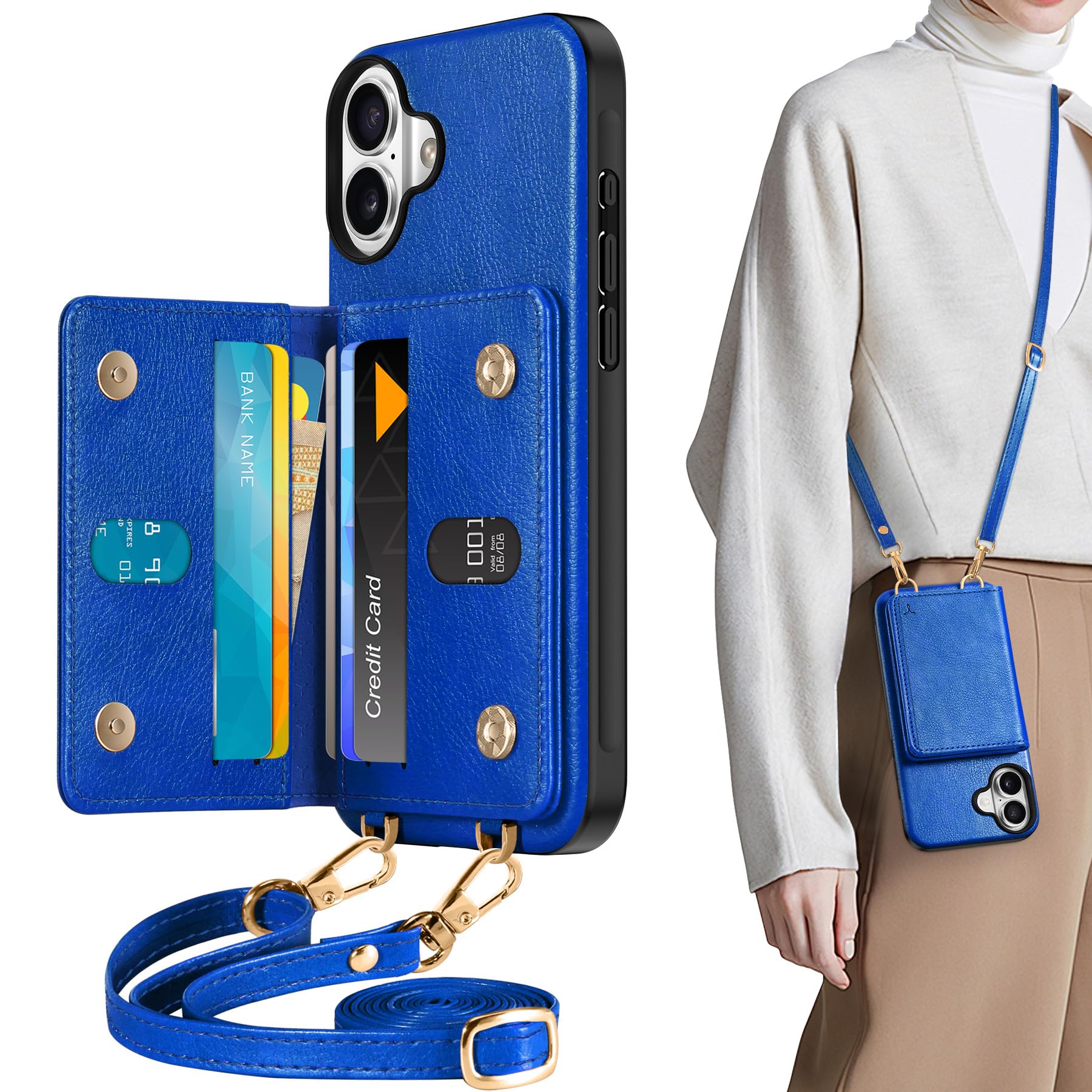 TUCCH Crossbody Wallet Case for iPhone 16 Pro (6.3"), RFID Blocking [6 Card Slots][Detachable Adjustable Lanyard], Magnetic Flip Wallet PU Leather Shockproof Phone Cover for iPhone 16 Pro, Black