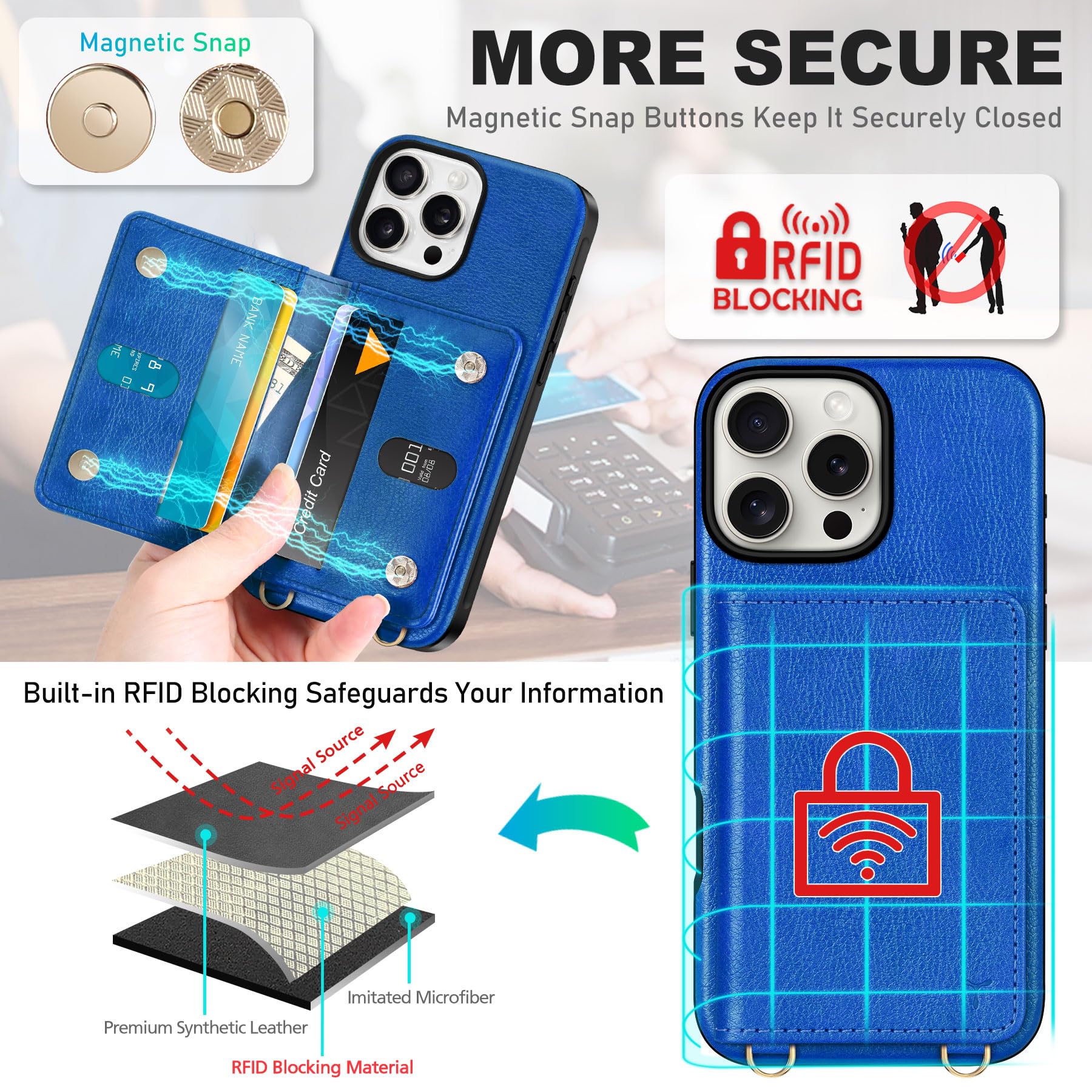 TUCCH Crossbody Wallet Case for iPhone 16 Pro (6.3"), RFID Blocking [6 Card Slots][Detachable Adjustable Lanyard], Magnetic Flip Wallet PU Leather Shockproof Phone Cover for iPhone 16 Pro, Black