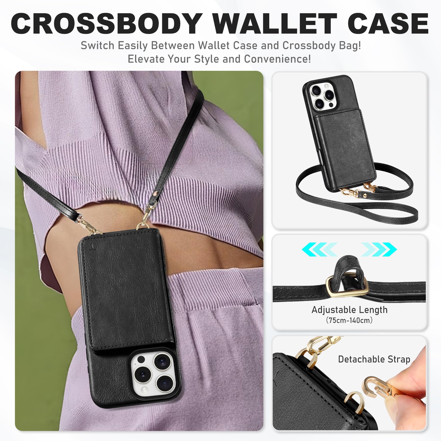 TUCCH Crossbody Wallet Case for iPhone 16 Pro (6.3"), RFID Blocking [6 Card Slots][Detachable Adjustable Lanyard], Magnetic Flip Wallet PU Leather Shockproof Phone Cover for iPhone 16 Pro, Black