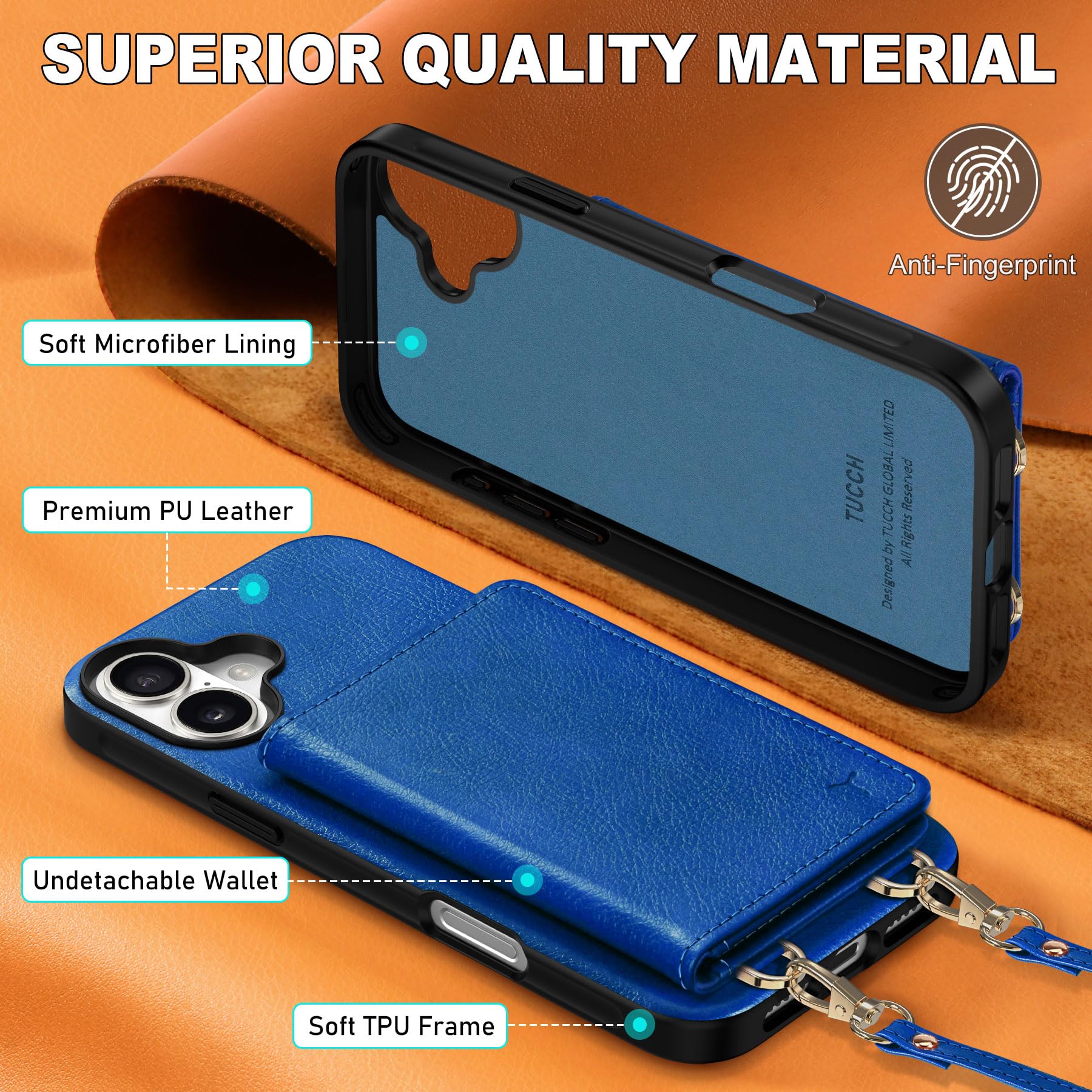 TUCCH Crossbody Wallet Case for iPhone 16 Pro (6.3"), RFID Blocking [6 Card Slots][Detachable Adjustable Lanyard], Magnetic Flip Wallet PU Leather Shockproof Phone Cover for iPhone 16 Pro, Black